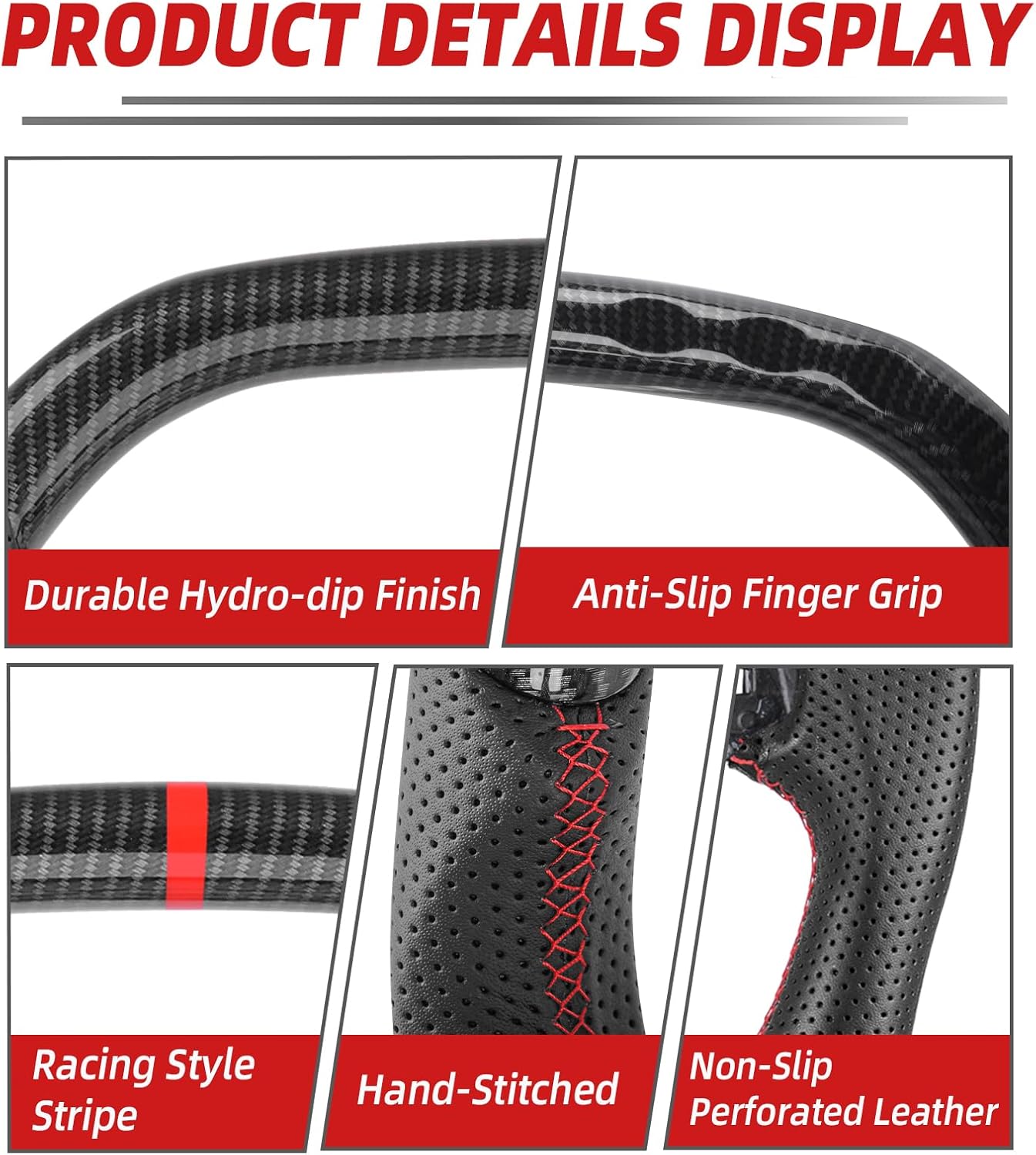 Carbon Fiber Style Steering Wheel for Honda Civic 11th Gen 2022-2026 Si Type R FL5, Integra Acura 2023-2026, F1 Racing Double Flat Shape, Red Stitching Hydro Dip Glossy Finish, No Heating