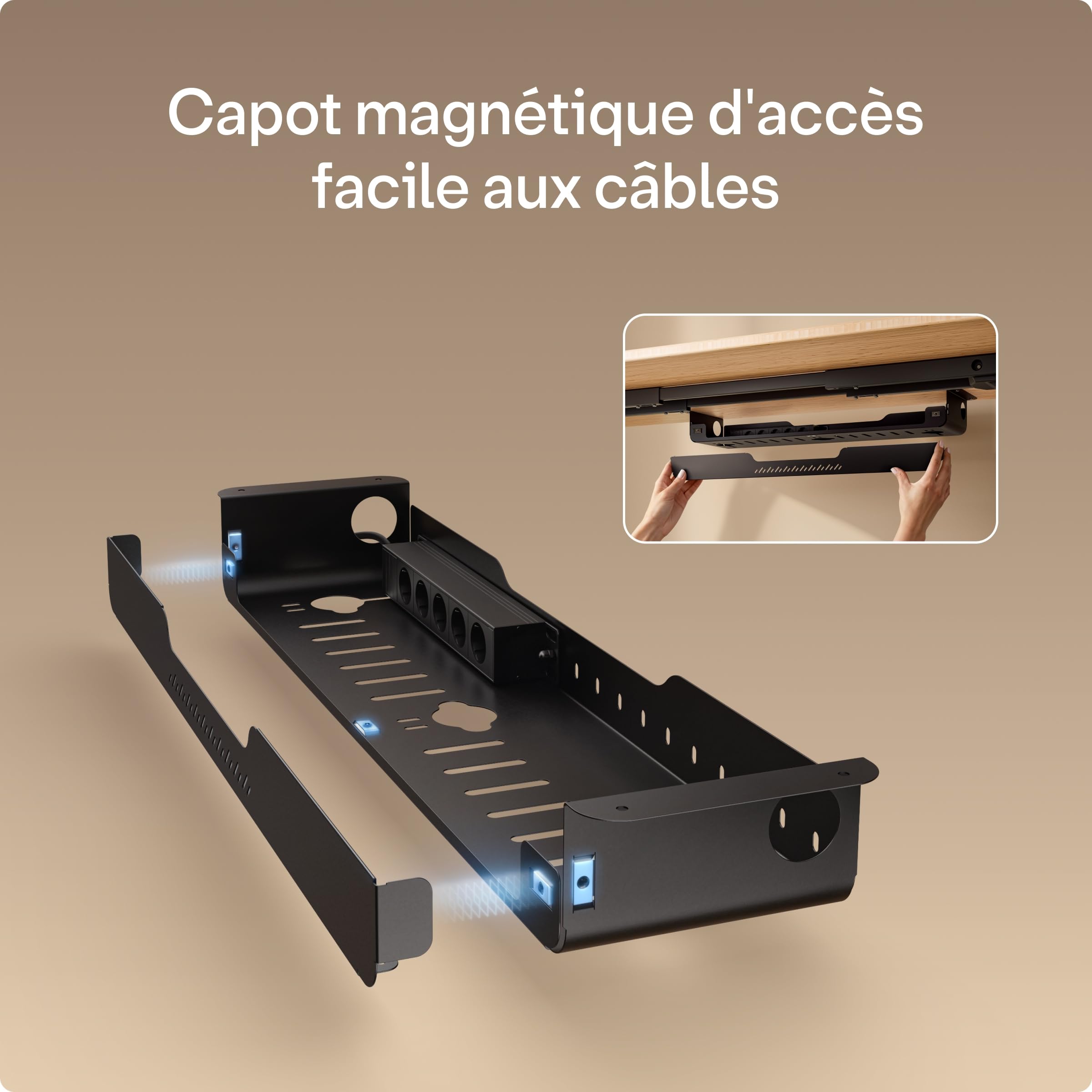 Cable Management Pro – Plateau de Gestion des câbles sous Bureau avec multiprise intégrée, Organiseur de câbles en Acier avec Couvercle magnétique, Design ventilé, Installation Facile