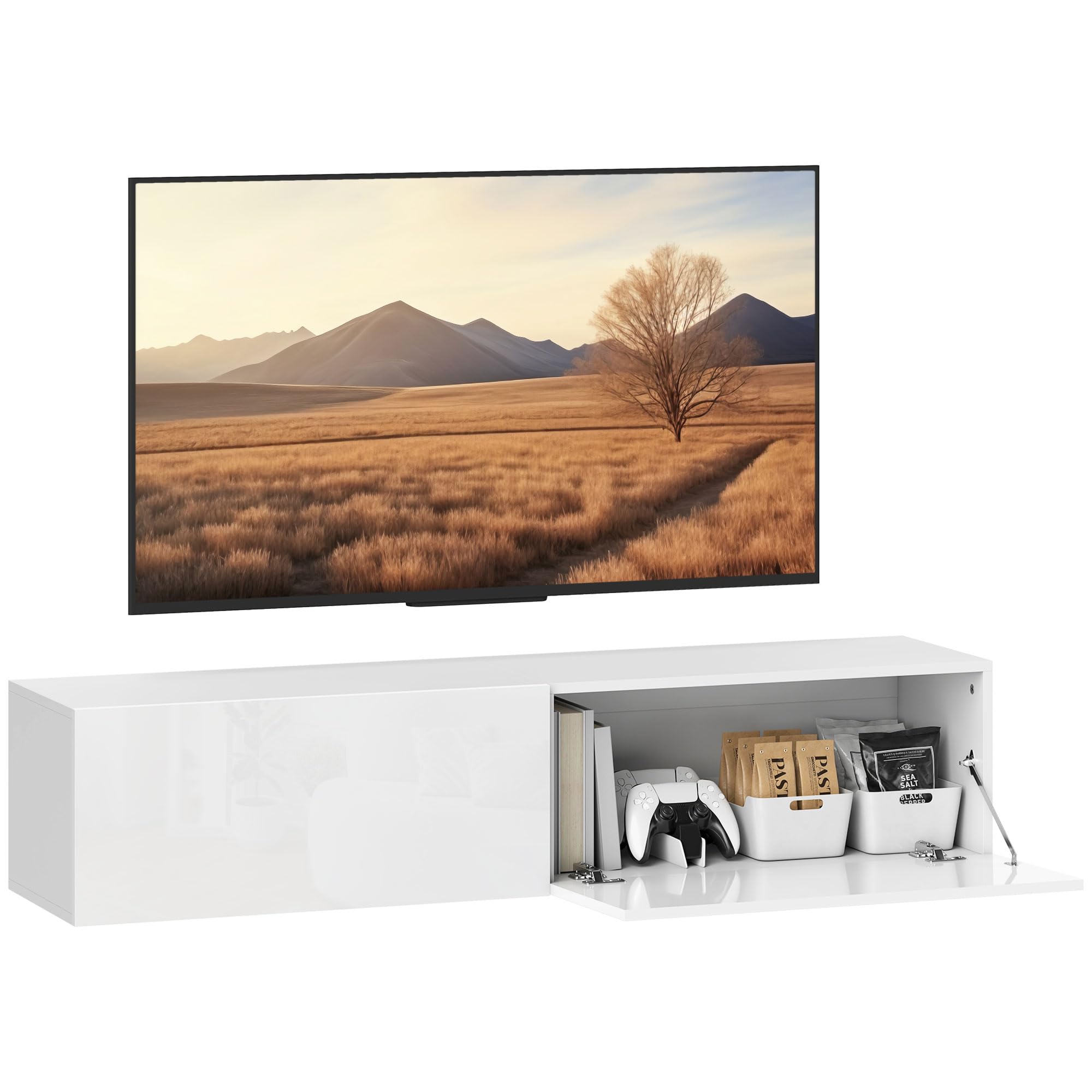 HOMCOM Mobile TV Sospeso per Televisori 140x33x29.8 cm Bianco Lucido | Mobile Porta TV, 2 Armadietti, Ante a Ribalta, per 45"-55"-65", Salotto, Soggiorno, Camera da Letto