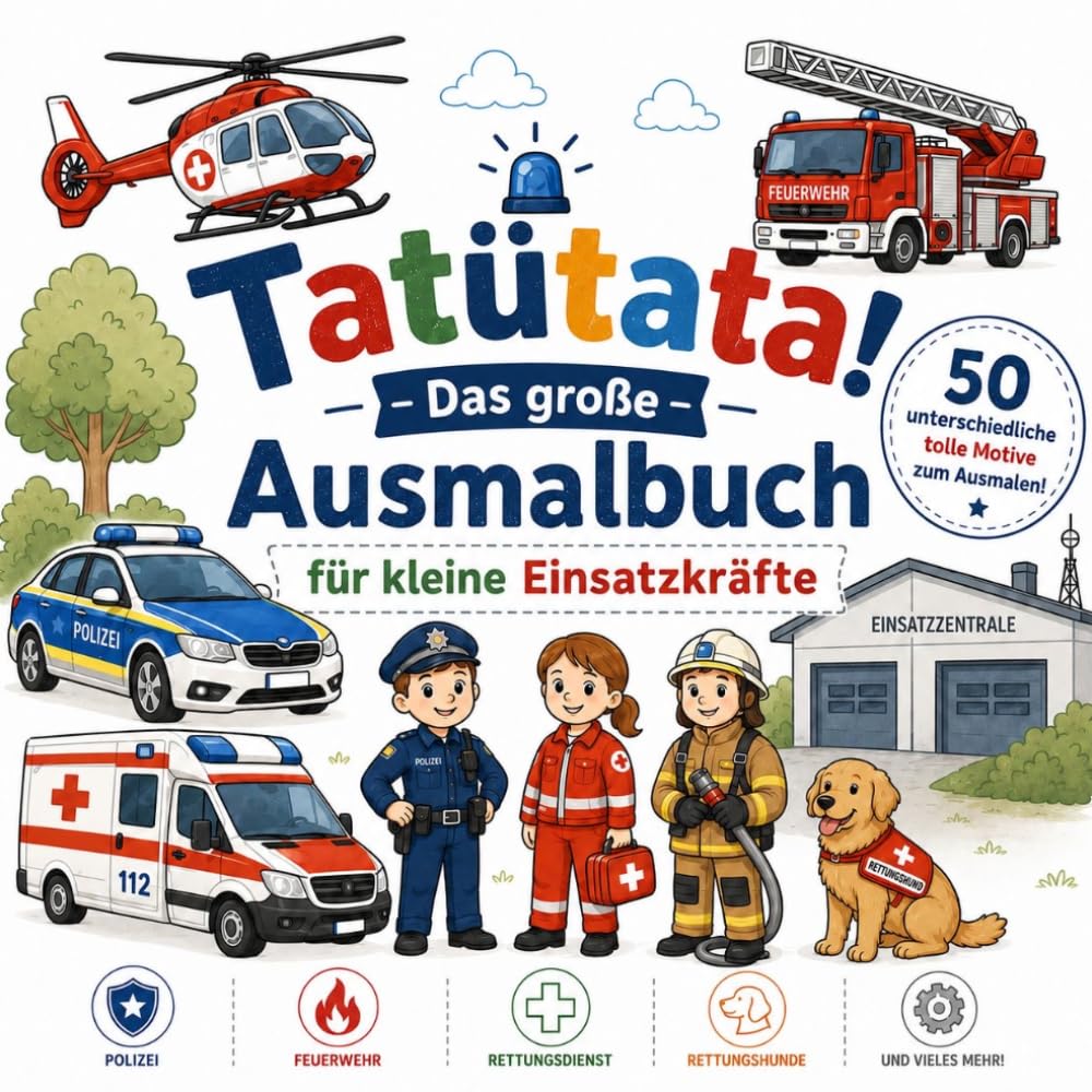 Tatütata! Das große Ausmalbuch für kleine Einsatzkräfte: 50 spannende Ausmalbilder mit Polizei, Feuerwehr, Rettungsdienst, Bergrettung, ... für Kinder ab 5 Jahren (Malbücher für Kinder)