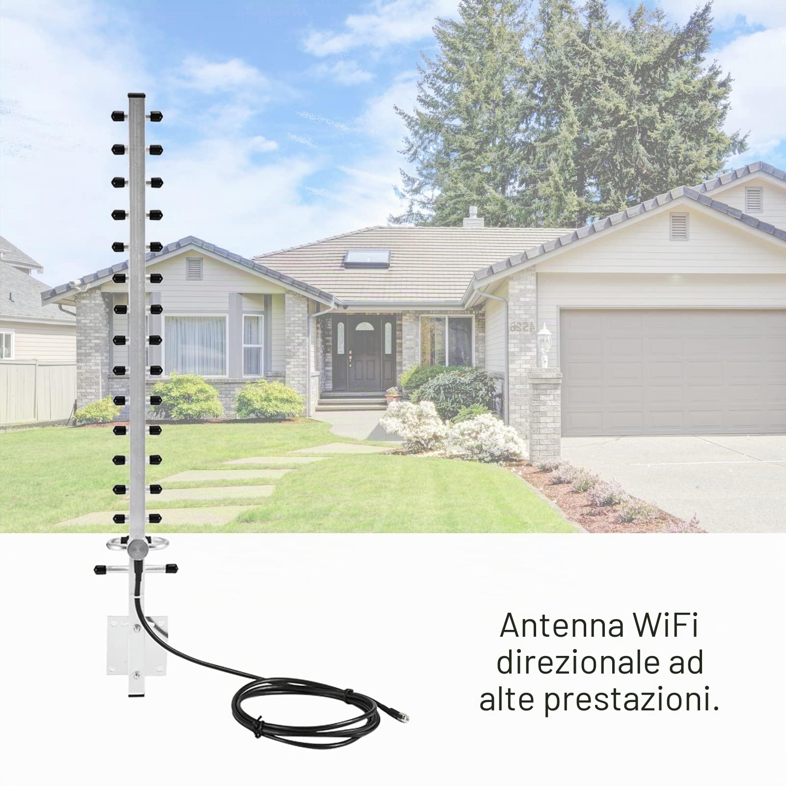 Antenna Ad Alto Guadagno 25dBi, Estensore WiFi Direzionale per Modem Router, Antenna Esterna in Lega di Alluminio con Cavo da 2 M, Argento, Connettore RP-SMA, Installazione