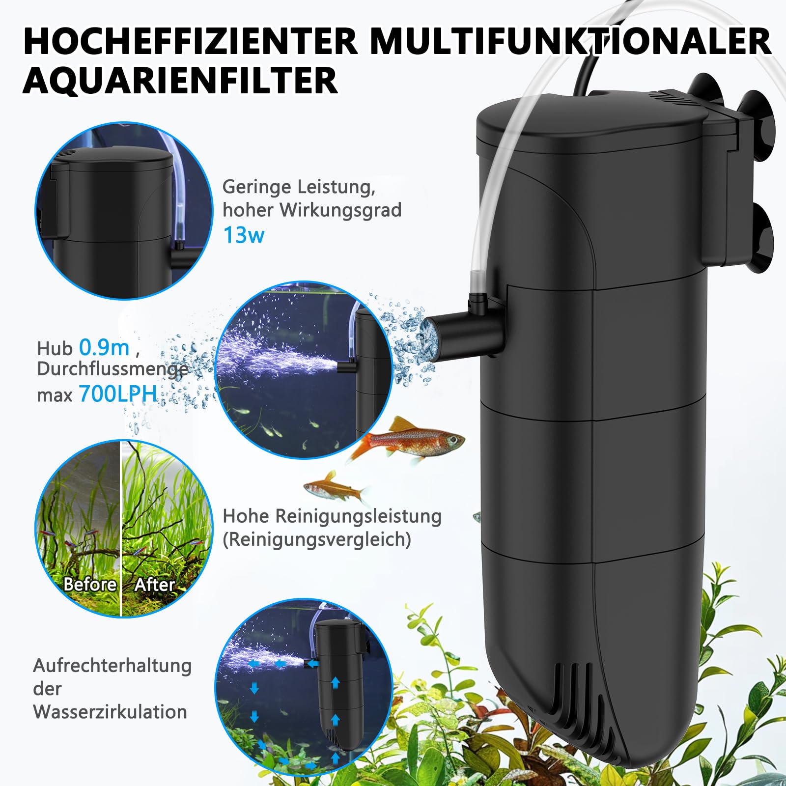fishkeeper Aquarium Filtre intérieur d'aquarium, 13w débit 700LPH Pompe d'aquarium avec Filtre, Triple Filtration Propre pour Aquarium 250L