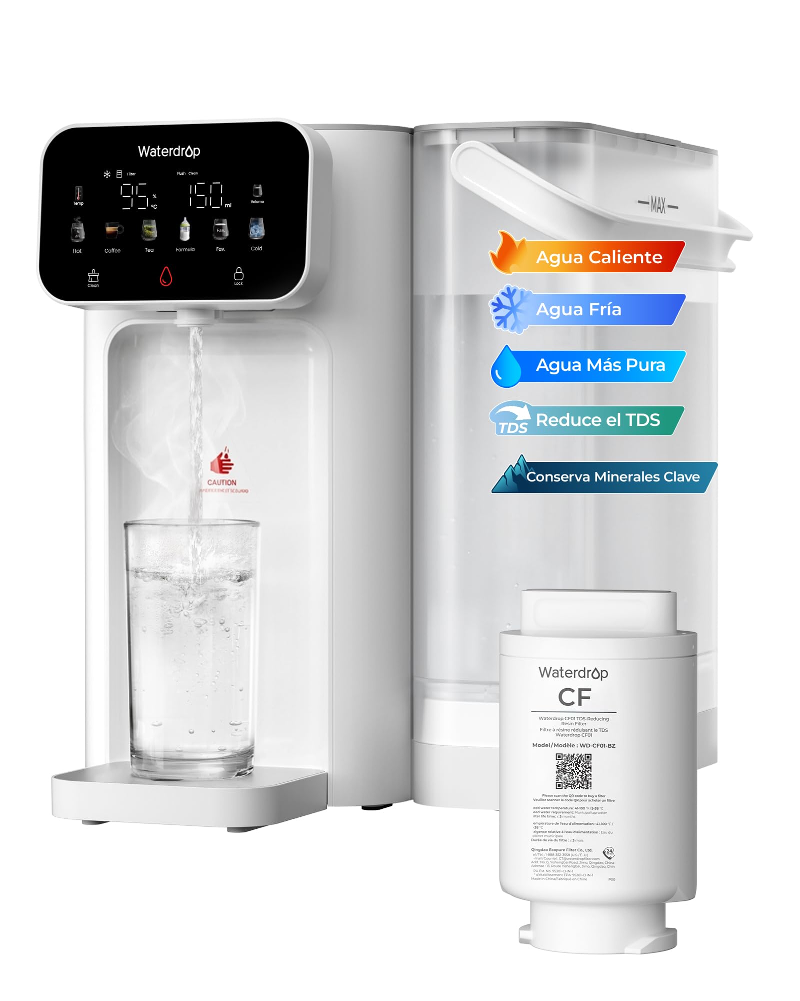Waterdrop CT01 Fría & Caliente Dispensador de Agua con Filtro, Reduce TDS, Cal, Cloro, Conservar Minerales Importantes, 8 Etapas Filtración con Esterilización UV, Múltiples Temperatura (15-95 °C)