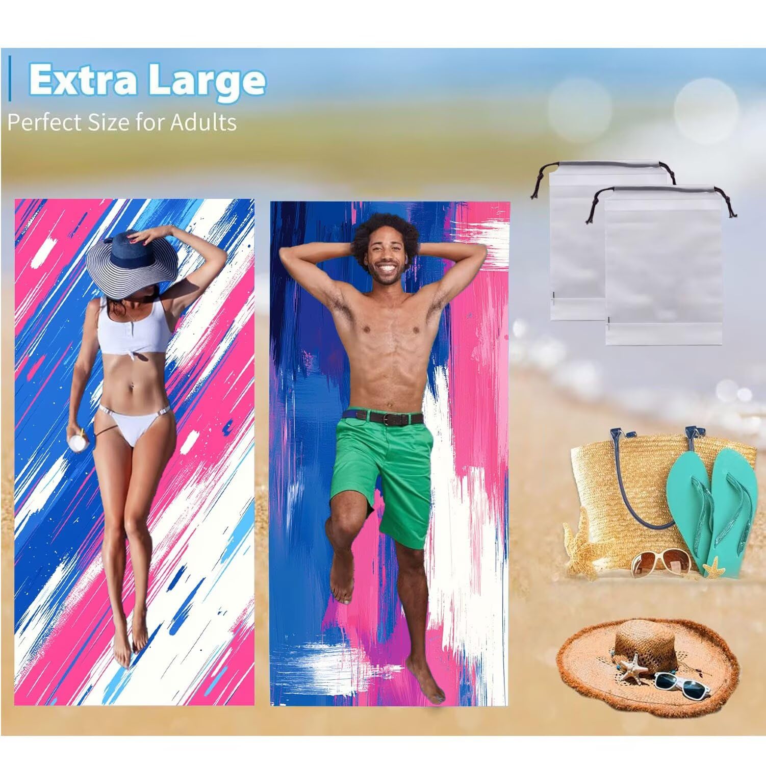 Toalla Playa Grande, 90 x 200 cm Toalla Microfibra Prevención de Arena, Toallas de Playa Ligera y de Secado Rápido, para a Viajes, Sauna 2PCS Esterilla Playas Regalos Mujer (Color abstracción) k-108