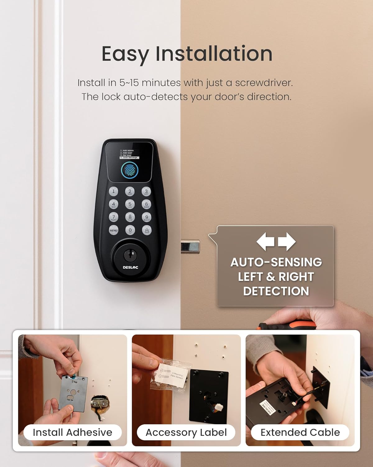 DESLOC C110 Fingerprint Keyless Entry Door Locks, Front Door Smart Lock Deadbolt with 2 Lever Handles, Auto-Lock, Backlit Keypad, 12 Months Battery, IP54 Waterproof, BHMA Grade 3 (Black)