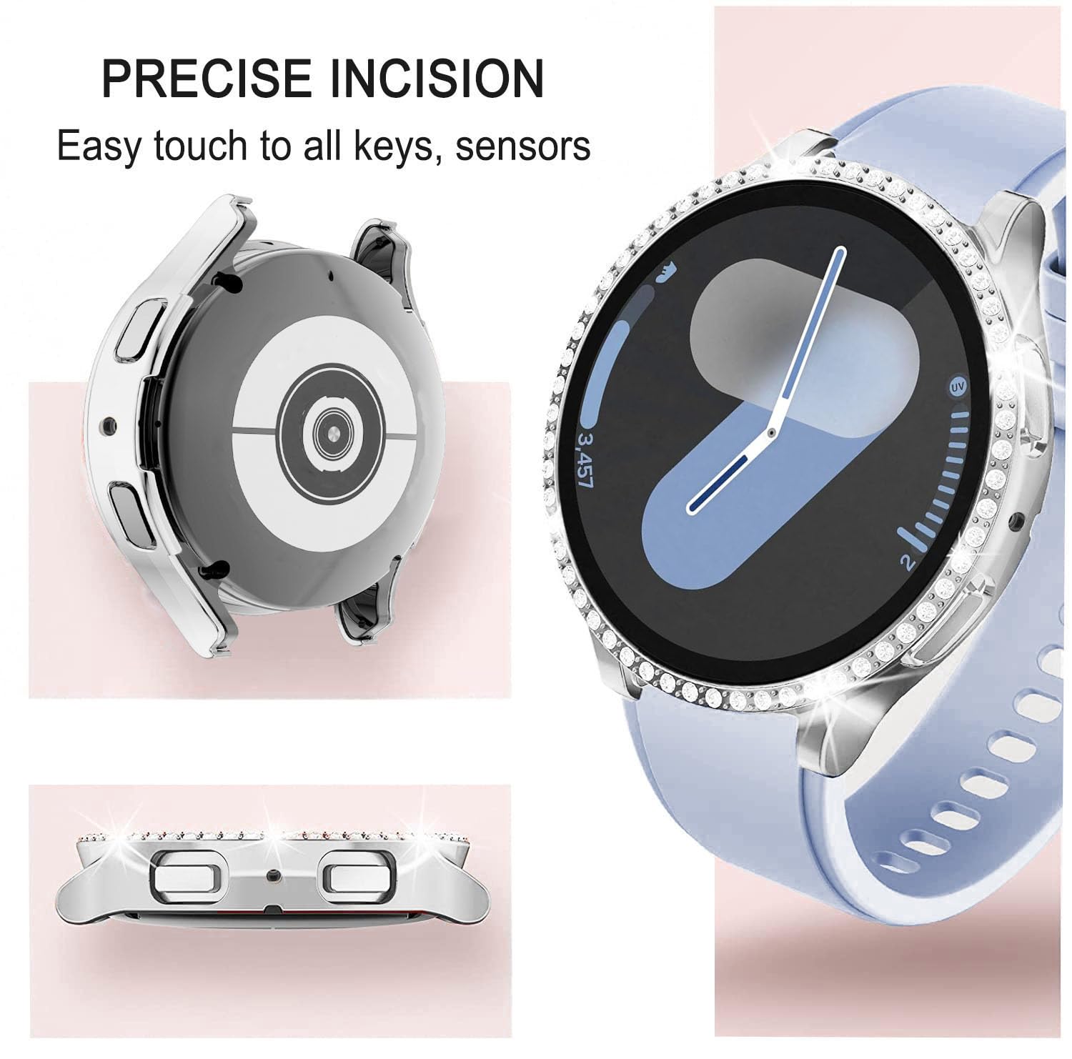 DEALELE [2-PACK] Case Compatible with Samsung Galaxy Watch 5/4 44mm, Bling Single-Row Diamond PC Protective Case Replacement Watch Cover Bumper (44mm, Gold+Transparent) — view 237
