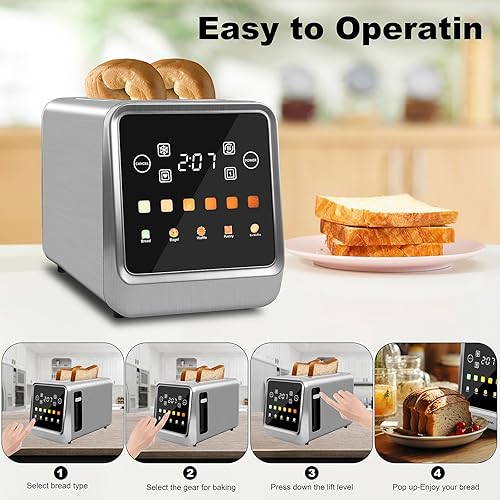 Miniatura 5 de Tostadora de pantalla táctil de 2 rebanadas, tostadora de bagel con pantalla LCD, tostadoras digitales inteligentes de acero inoxidable con tostada