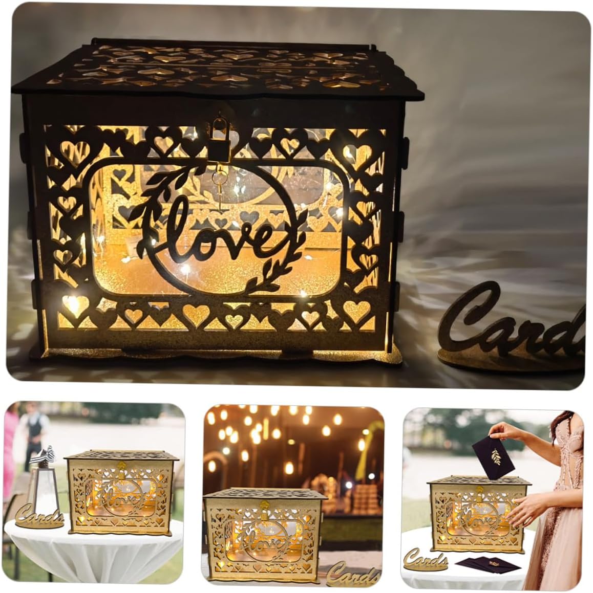 NUOBESTY Wooden Hollow Glitter Card Box for Wedding Anniversary and Birthday, Portable Blessing and Greeting Cards Holder, Hollow Storage Box for Valentine’s Day and Party Events