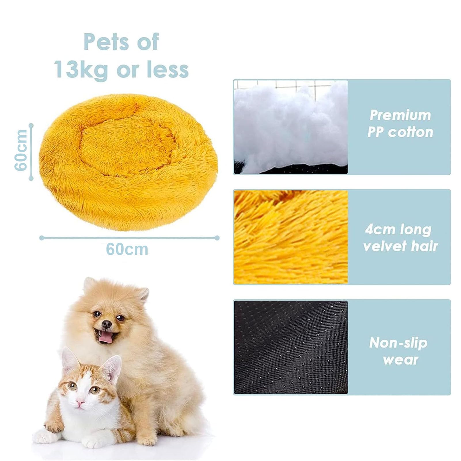 Cama Amarilla para Perros y Gatos 60 cm, Cama Redonda Tipo Donut para Mascotas, Perros Pequeños y Medianos, Felpa Suave de Pelo Largo, Funda Extraíble Lavable, Base Antideslizante para Casa