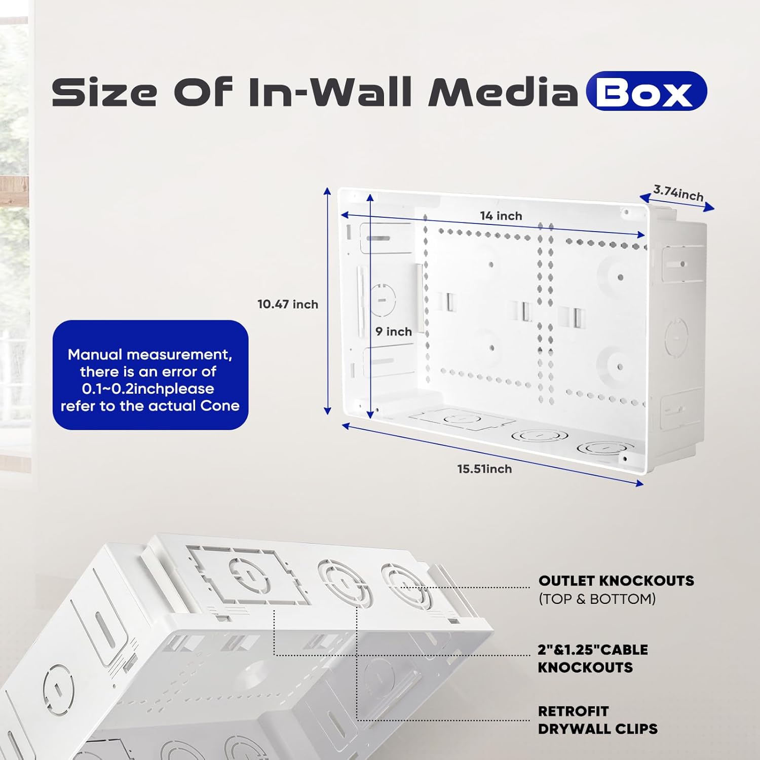 9" in Wall Media Box - Recessed Enclosure to Hide Wires for Apple, Roku, Fire TV | Structured Cable Organizer with Ventilation | No Drilling Needed for Mounting Brackets