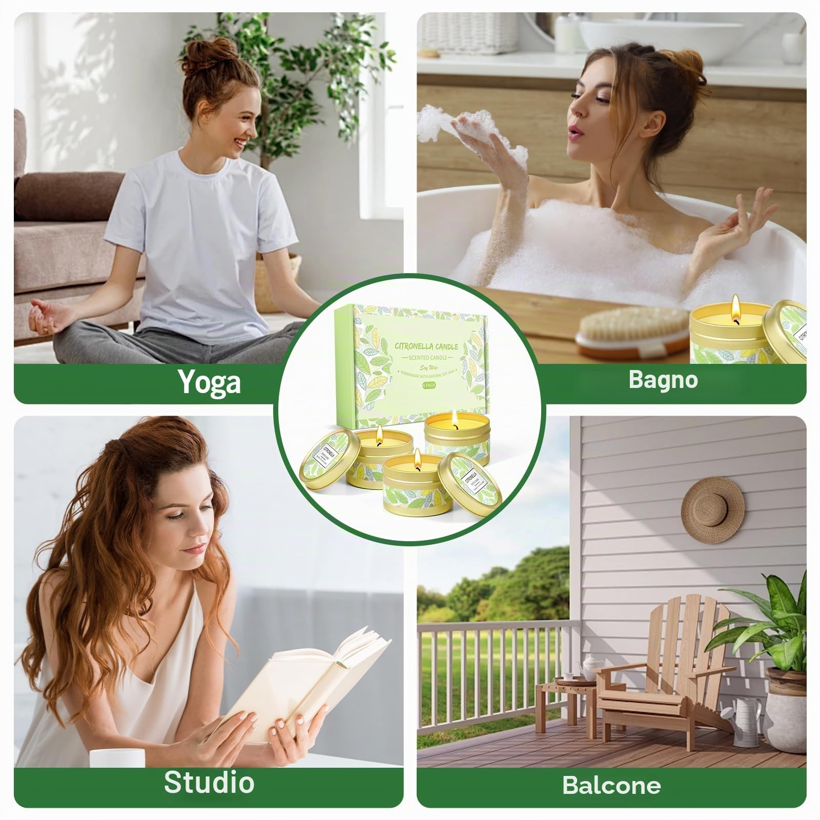 Candele alla Citronella, 100% Cera di Soia Naturale, Candela Citronella Set Esterno ed Interno per Giardino, Balcone, Campeggio, 6 Candele