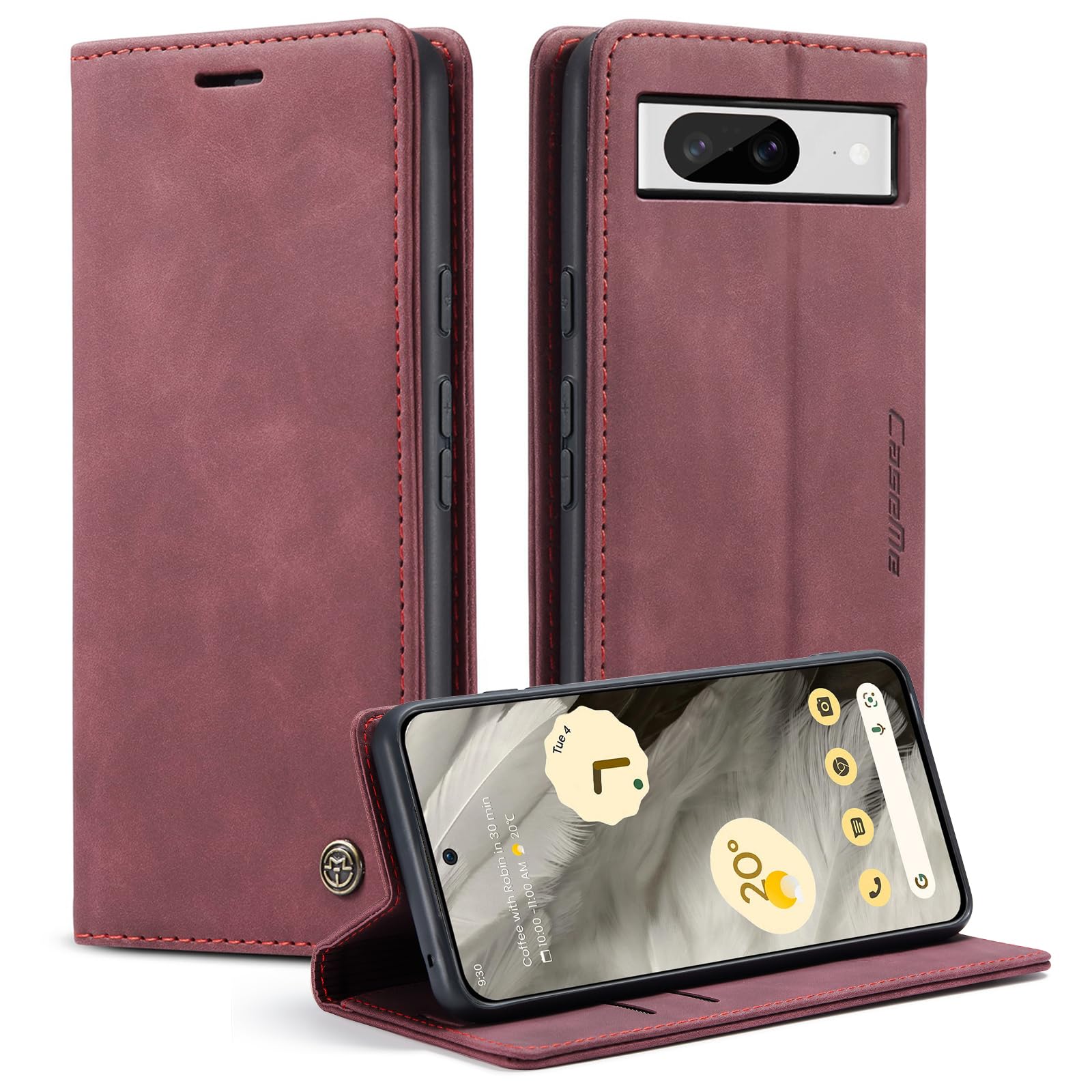 Lanranwa Handyhülle für Google Pixel 8 5G Hülle Premium Lederhülle Klappbar Flip Case Handytasche Schutzhülle Klapphülle Standfunktion für Google Pixel 8-Weinrot