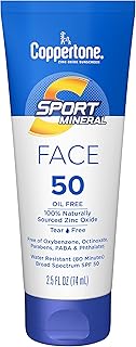 Coppertone SPORT Sunscreen for Face, Zinc Oxide Mineral Face Sunscreen SPF 50, Oil Free Sunscreen, Travel Size Sunscreen, 2.5 Fl Oz Tube
