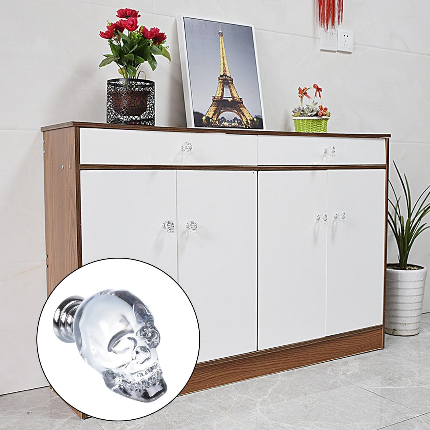 2 Pack Skull Skeleton Cabinet Knobs, Transparent Crystal Pulls, Clear Glass Door Handles for Dresser Closet Furniture