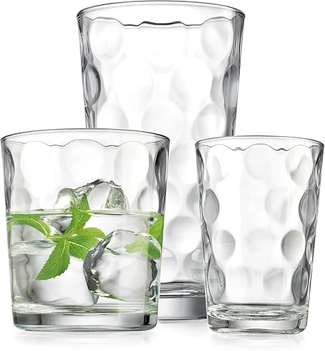 Set of 12 Elegant Everyday Stackable Drinking Glasses - Includes 4-17oz Highball Tumbler Glassware, 4-13oz DOF Rock Glasses, 4-7oz Juice Glasses for Mixed Drinks, Water, Beer, Wine.
