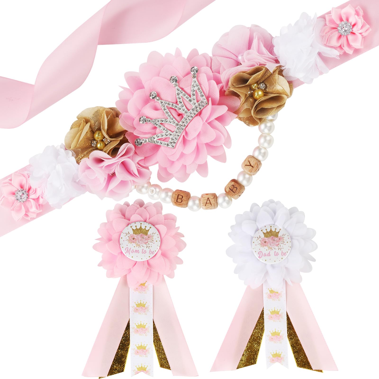 Cheerupp Princess Baby Shower Maternity Sash Kit - Pink and Gold Princess Baby Shower Belly Belt and Mom to Be & Dad to Be Corsage Pins, New Parents