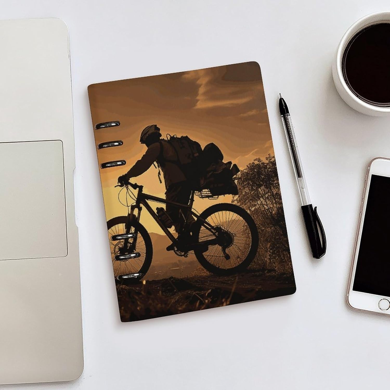 FekiLoot Mountain Bike in The Evening Journal Notebook Refillable 6 Ring Notebook Binder PU Leather Cover Business Journal All-in-one Notepad for Writing & Note Taking A5(13.7"x9.1")