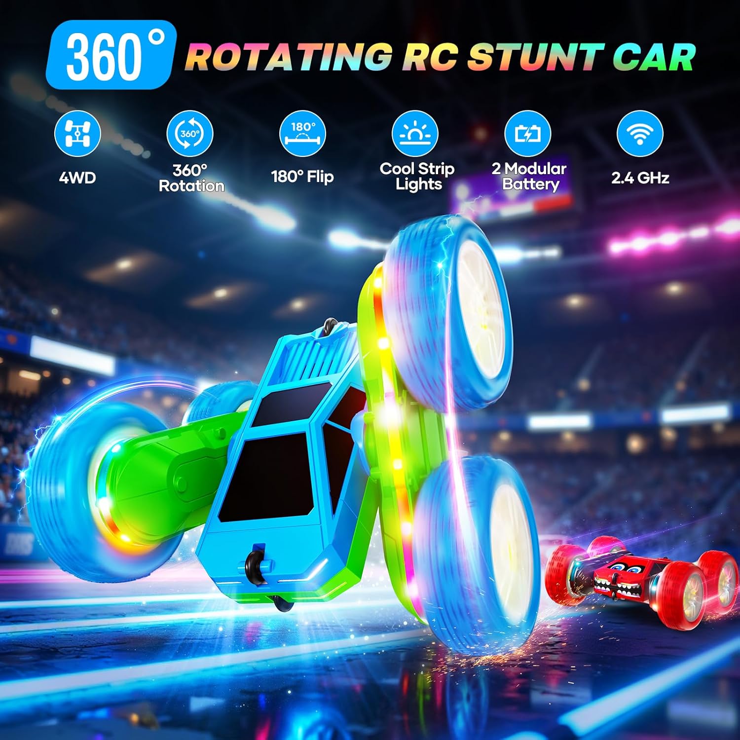 Remote Control Car, 360° Flips Rotating RC Stunt Car with USB-C Charge Modular Battery, 4WD RC Cars with LED Lights Strips, All Terrain RC Truck Toys for Kids 3+ Year Old Boys Christmas Birthday Gift