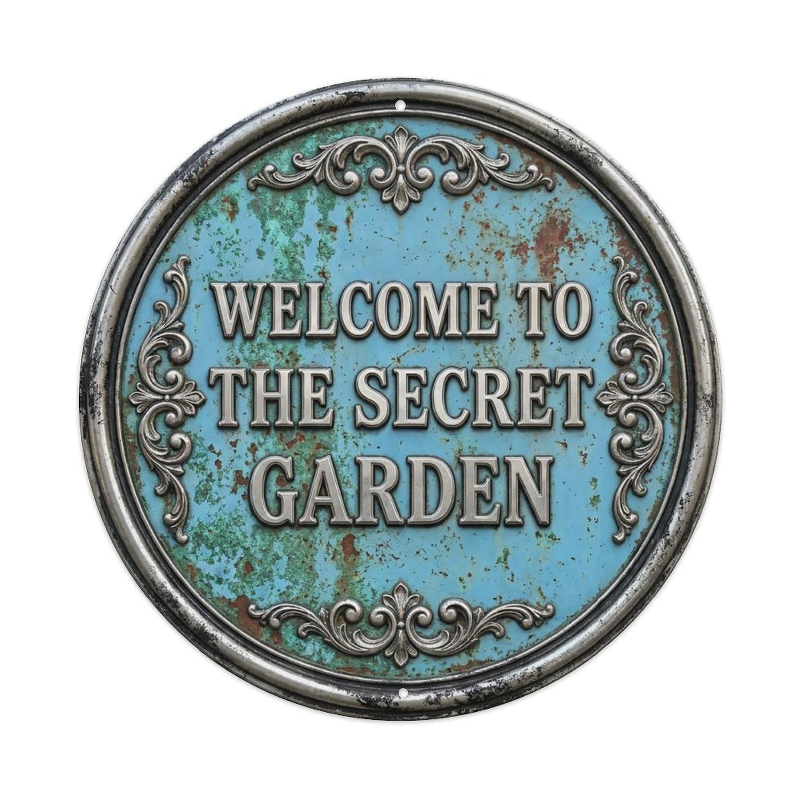 Vintage Welcome Secret Garden Silver Skyblue Heritage Metal Tin Sign