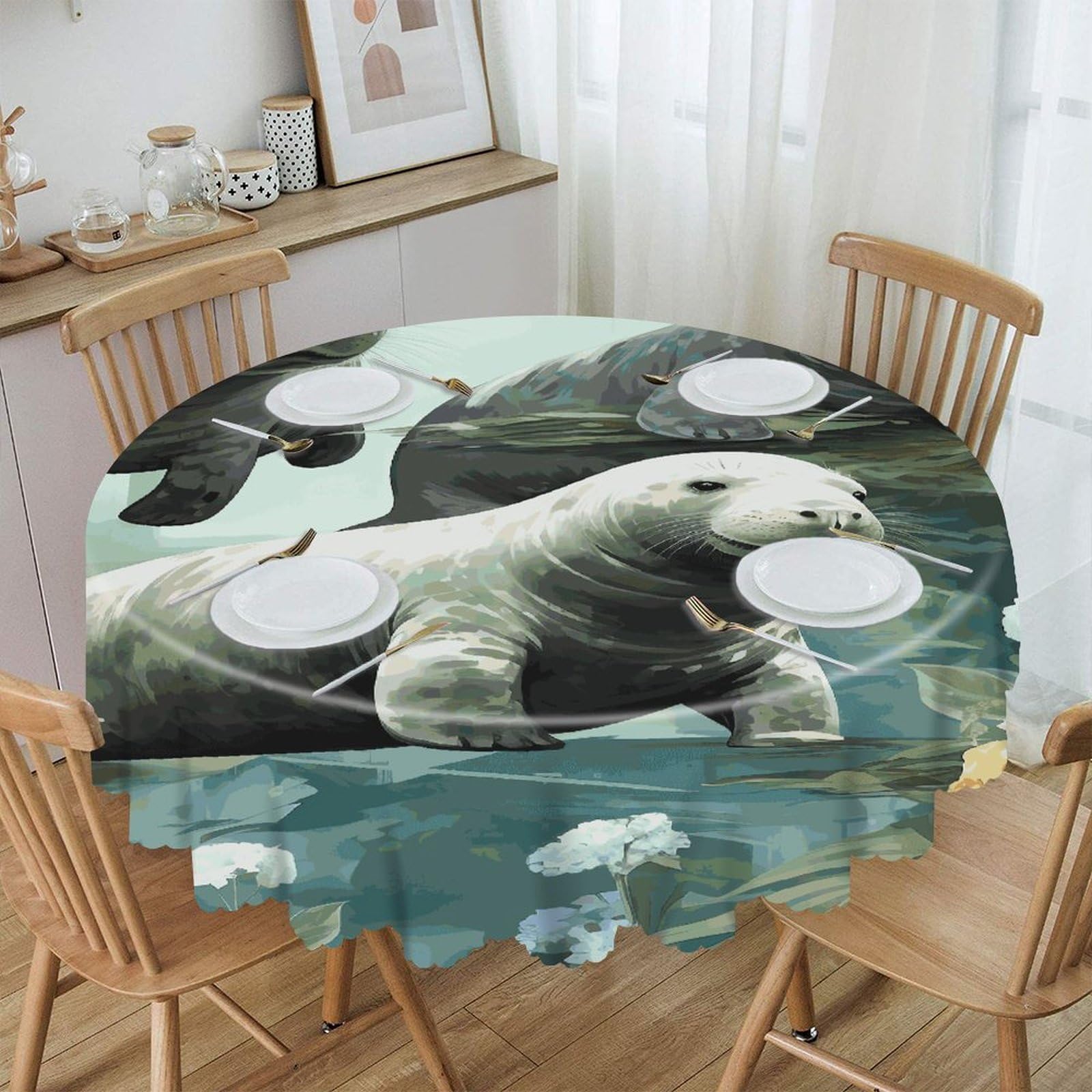 FekiLoot Rabbits Manatees Round Tablecloths 60 Inch Resistant Washable Polyester Table Cloth Style Decorative Circle Fabric Table Cover for Dining Kitchen Party Farmhouse Outdoor