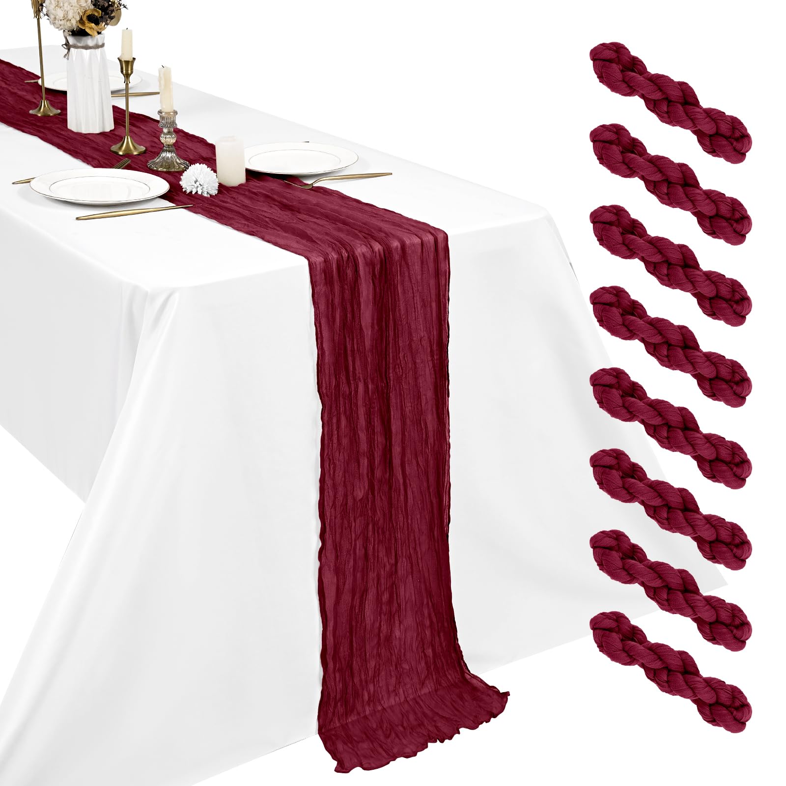8 Pack Burgundy Cheesecloth Table Runner, 17.7 x 108 inch Boho Gauze Table Runner 45x275 cm Rustic Romantic Long Table Runner for Wedding Party Bridal Shower Christmas Decoration