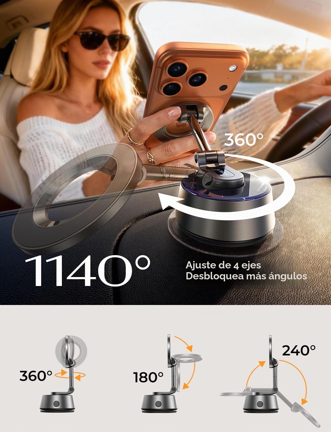 LISEN Soporte de coche Magsafe con ventosa eléctrica - [Adsorción automática] [17 + kg de potencia de succión ultra] 2025 plegable soporte de teléfono móvil al vacío para iPhone 16 Pro Max 15 14 Negro