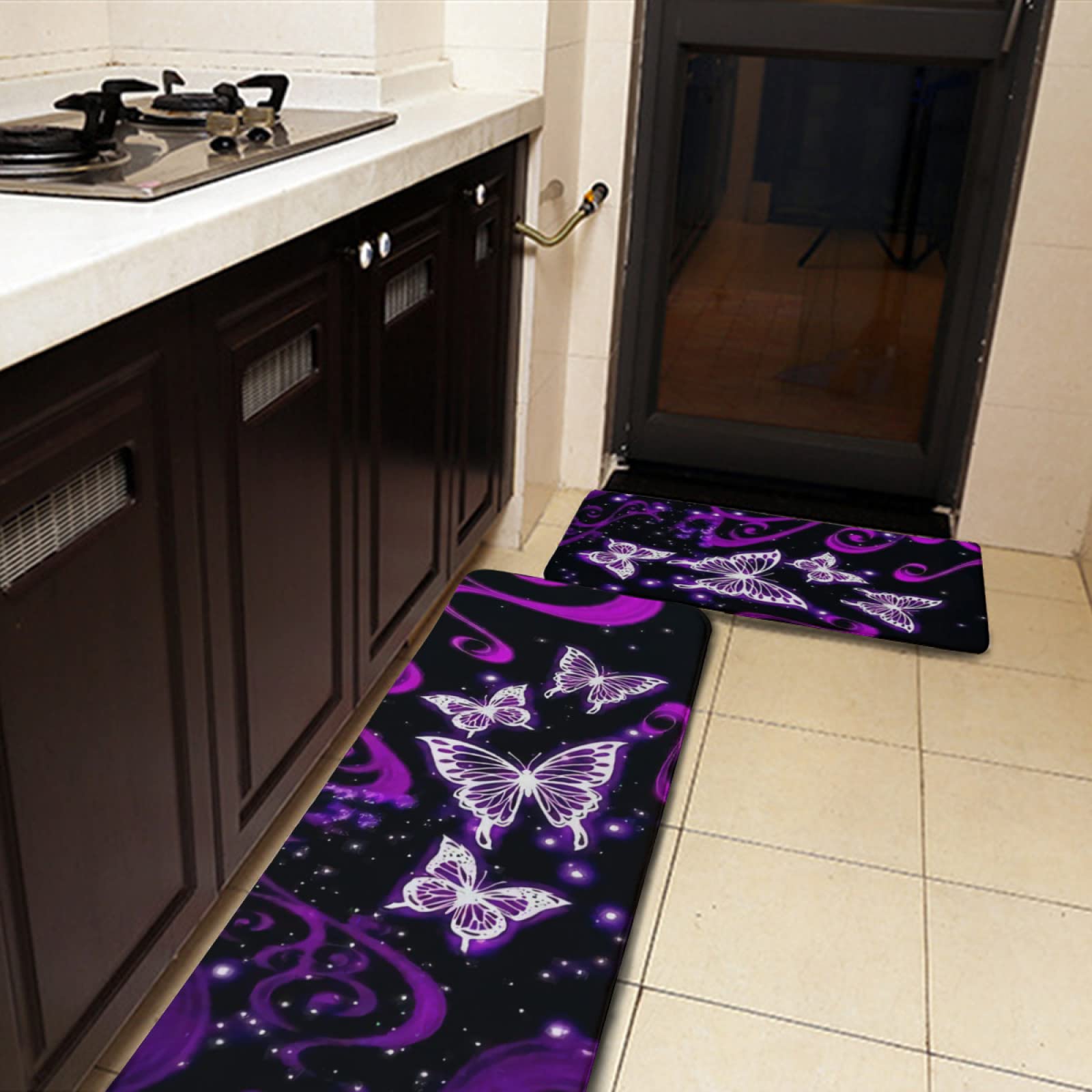 YouTary Purple Butterfly Geography Kitchen Rug Set 2 PCS Floor Mats Washable Non-Slip Soft Flannel Runner Rug Doormat Carpet for Floor Home Bathroom, 17