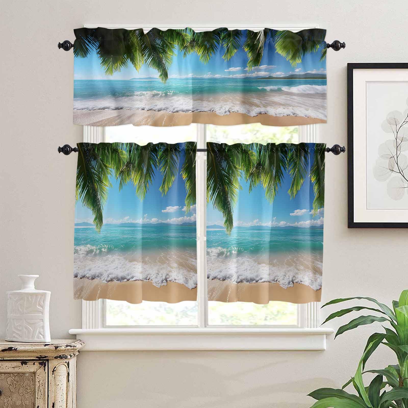 Ocean Beach Kitchen Curtains 36 Inch Length,3 Piece Rod Pocket Small Half Tiers and Valance Set,Palm Trees Summer Tropical Island Seaside Small Large Window Treatment Decor for Bedroom/Bathroom Sink