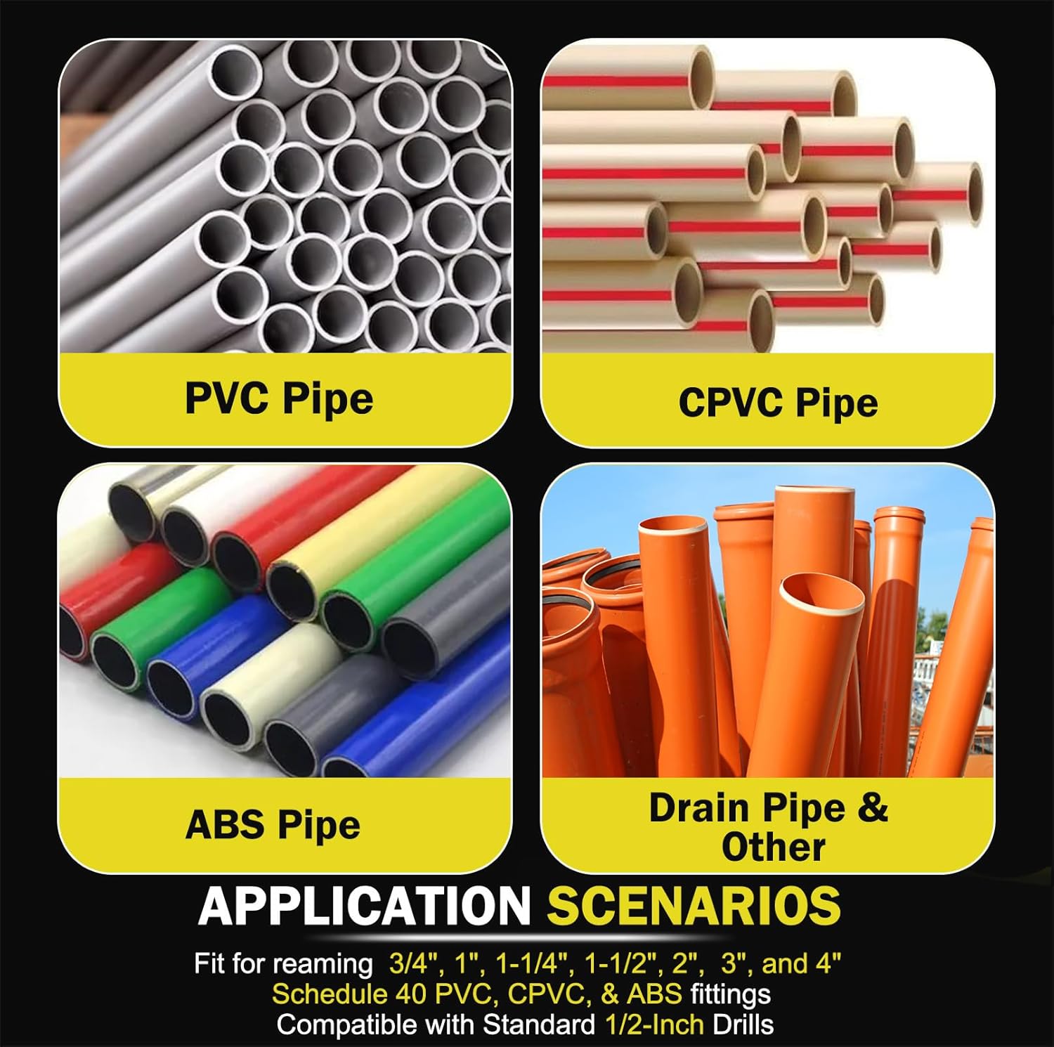 Premium 7Pcs PVC Pipe Reamer Kit For 1/2" Drills- Includes 3/4", 1", 1-1/4", 1-1/2", 2", 3", 4" Compatible with Standard 1/2" Drills,For SCH40 PVC, ABS PVC Pipe,CPVC Perfect for Plumbing Repairs