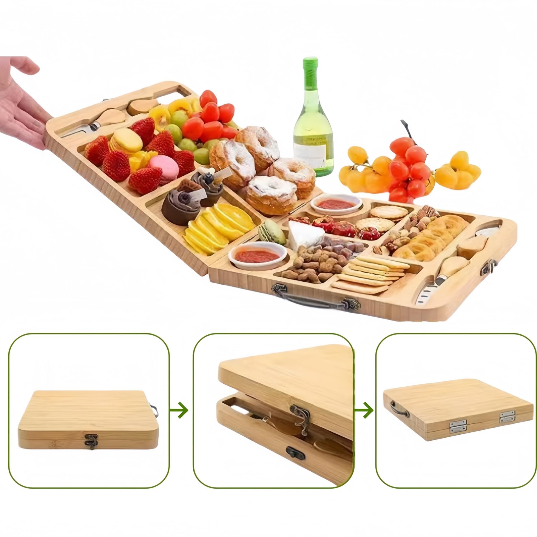 Käsebrett mit Käsemesser Set Tragbare Servierbrett mit Handgriff aus 100% Bambus, 2 in 1 klappbare Käseplatte & Schneidbrett, Charcuterie Snacktablett ideal für Hauswärme Geschenke - 29 x 29cm