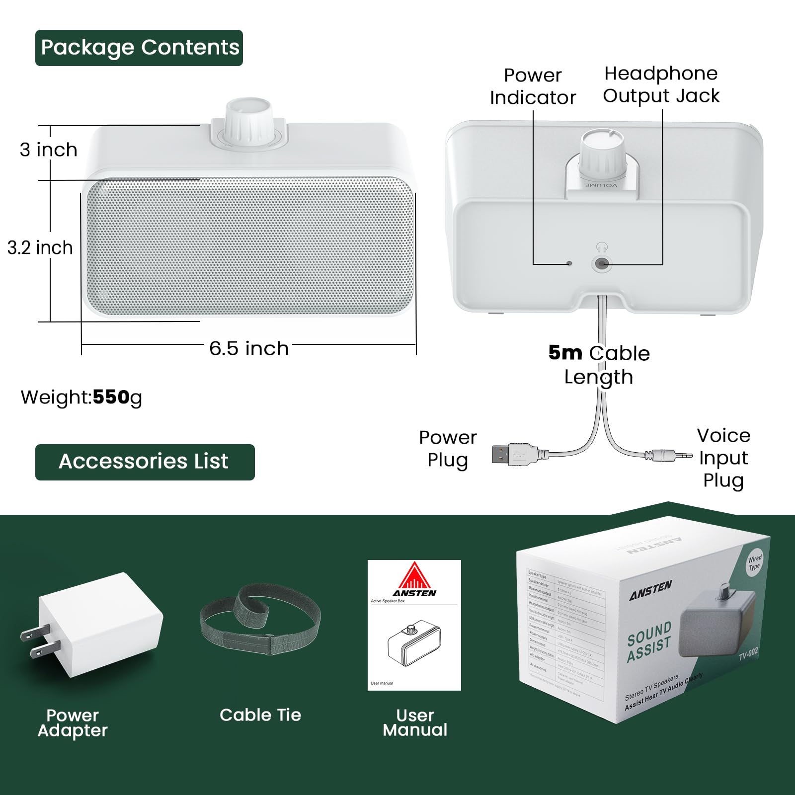 ANSTEN Altavoces con cable para TV sin demora, altavoces de TV de voz transparentes con cable de 5 m de largo, altavoz personal con conector para auriculares, fácil operación, altavoces de TV para