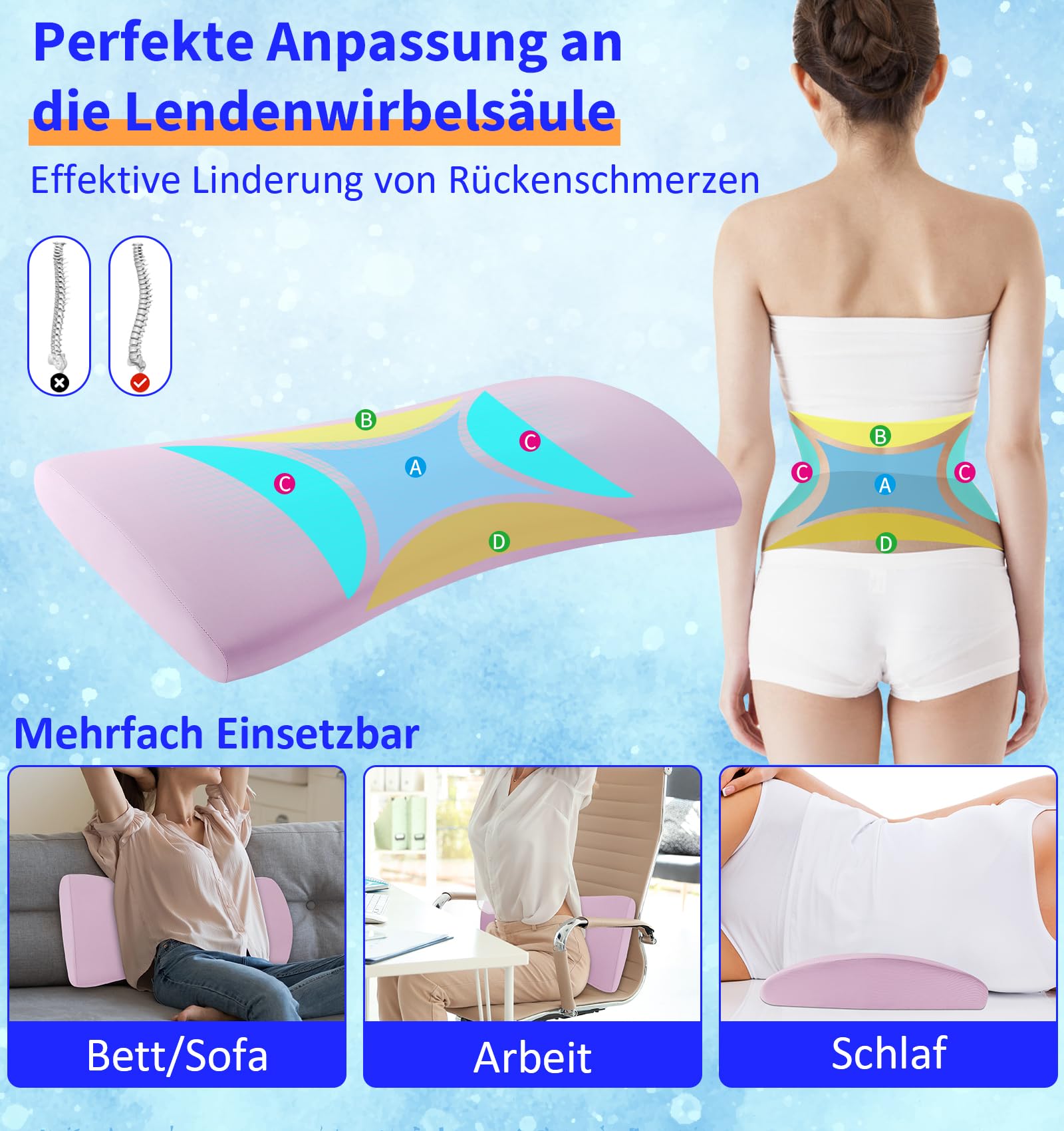 Cuscino lombare ortopedico, supporto ergonomico per schiena e lombare, in memory foam, per letto e divano, sollievo nella parte bassa della schiena, fodera rinfrescante, rimovibile e lavabile