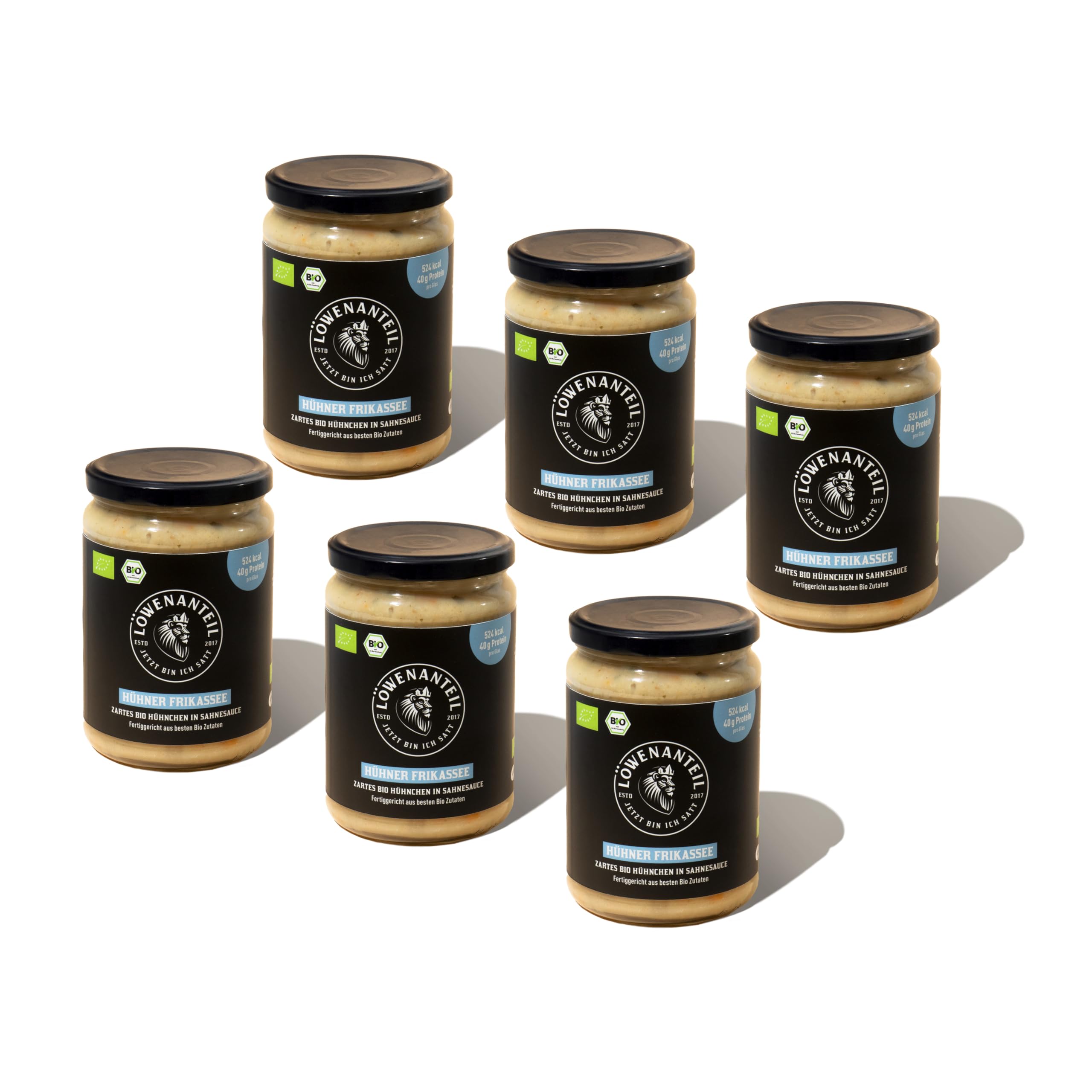 Löwenanteil - 100% Bio-Hühner Frikasse - 6 x 570g Glas - Proteinreiches Bio-Fertiggericht mit Hühnchen, Erbsen & Karotten in Sahnesoauce & weiteren Bio-Zutaten - Eintopf ohne Zuckerzusatz & Glutenfrei