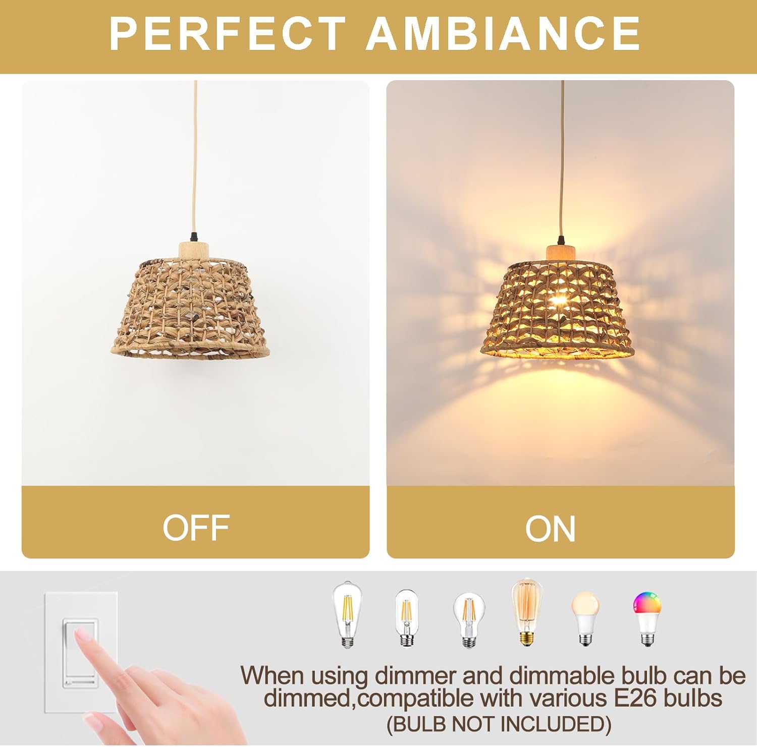 Rattan Boho Pendant Light, 12" 1-Light Hand-Woven Wicker Pendant Light with Water Hyacinth Shade, Natural Coastal Cone Hanging Light for Kitchen Island Sink Dining Room