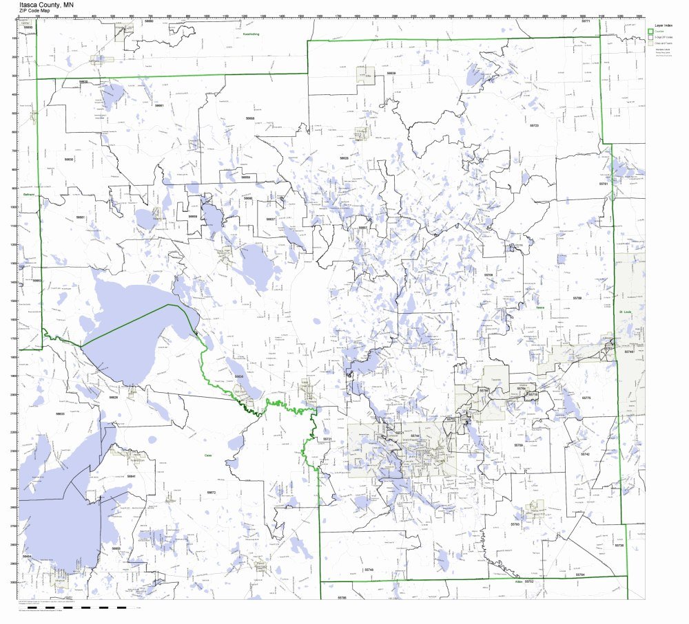 Itasca County, Minnesota MN ZIP Code Map Not Laminated