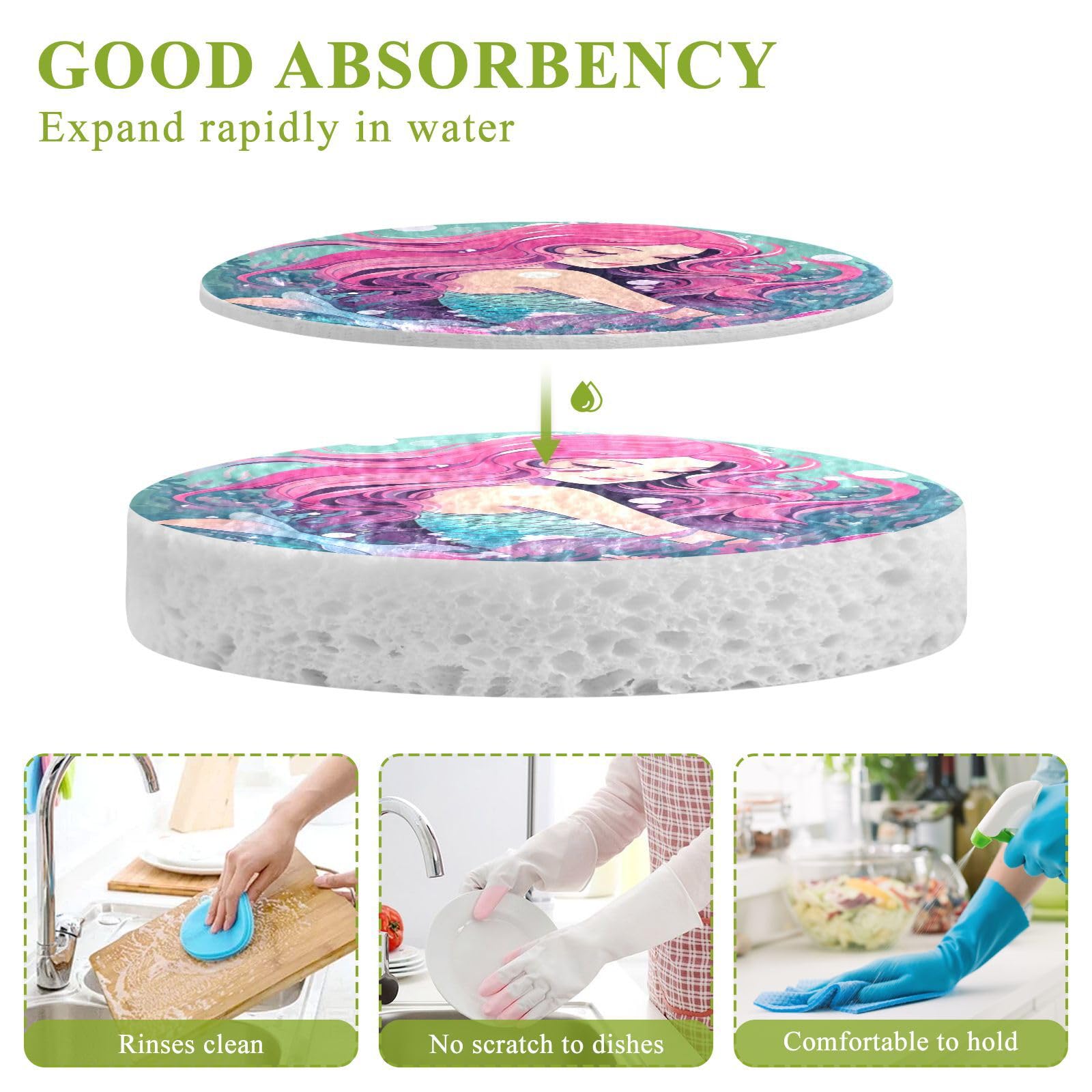 Coikll Cute Cartoon Mermaid Kitchen Sponges Cleaning Odor Free Non Scratch Dish Sponge for Cleaning Dishes Bathroom - 3 PCS