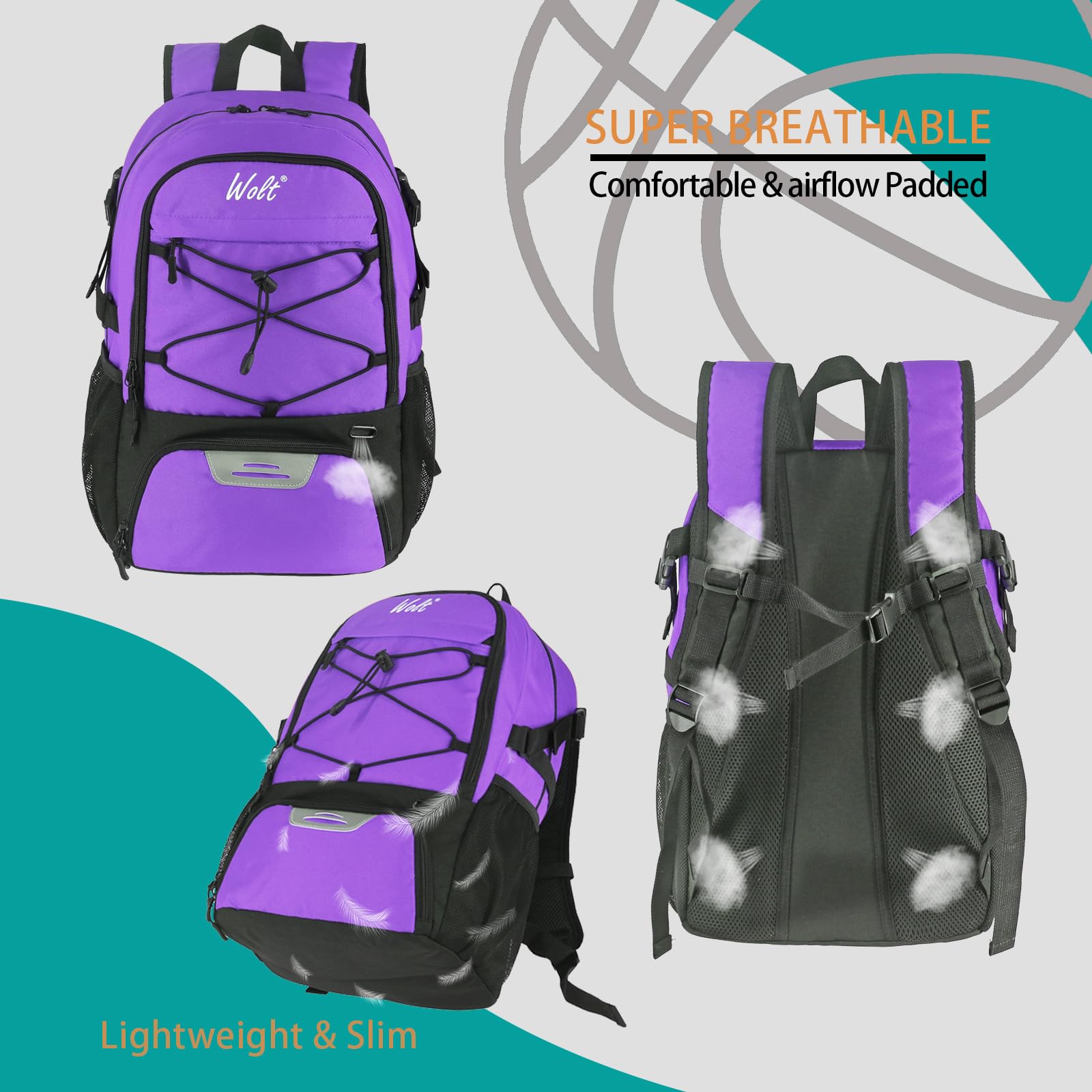 WOLT | Sac à Dos de Basket-Ball Grand Sac de Sport avec Porte-Ballon séparé et Compartiment à Chaussures, idéal pour Le Basket-Ball, Le Football, Le Volley-Ball, la Natation, la Gym, Les Voyages