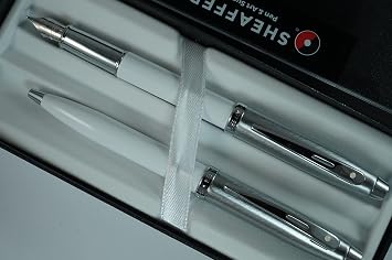 Sheaffer 100 Pearlescent Lightening white with Nickel appointments, Signature Mid Band and Dot of Excellence, Medium Point Fountain Pen and Ballpoint pen