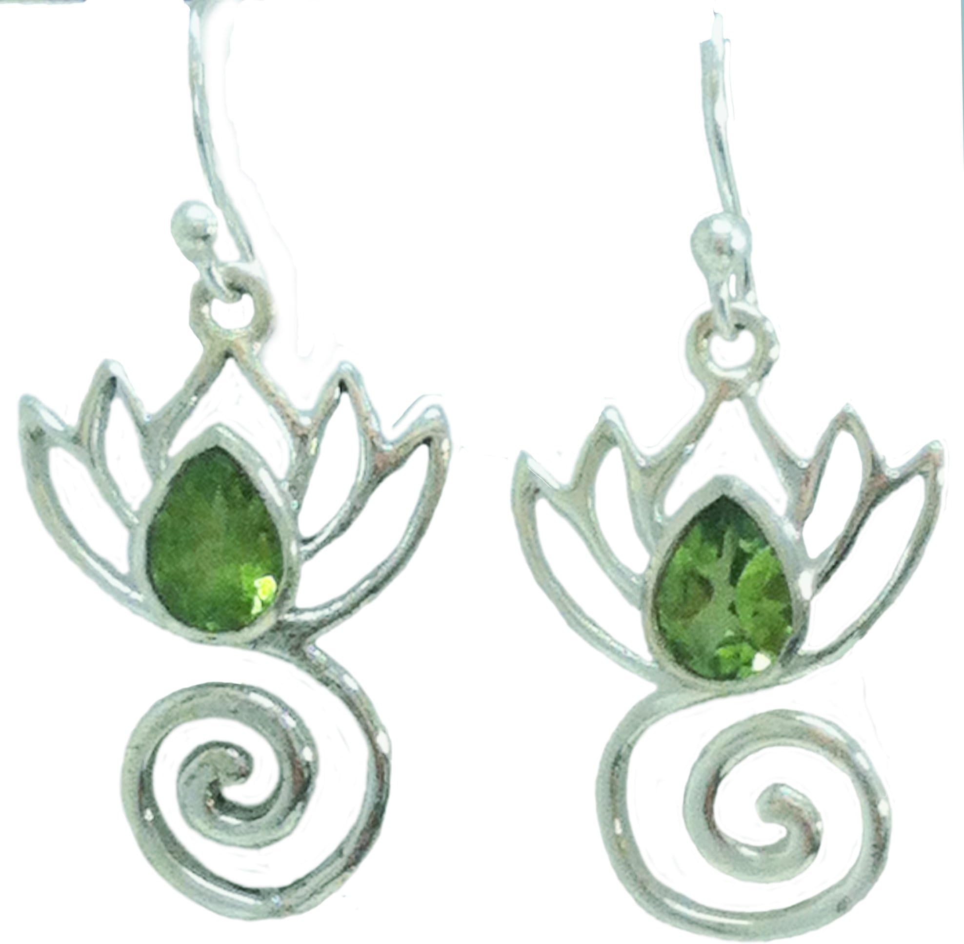 Lotus Flower Swirl Earrings Healing Stone Sterling Silver PERIDOT