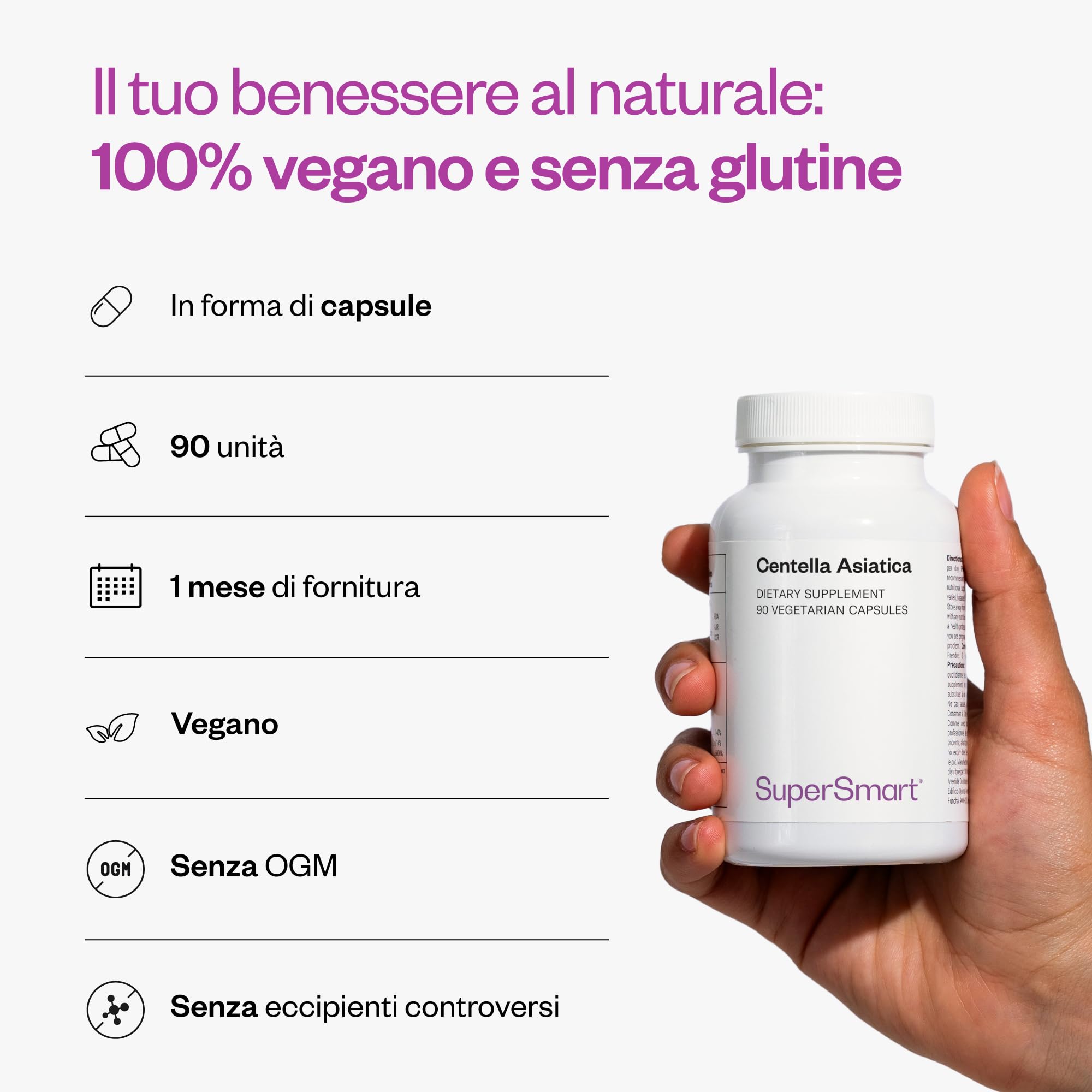 Centella Asiatica - Erba della tigre - Supporta il benessere mentale e riduce lo stress - Contribuisce al corretto funzionamento del sistema immunitario - Vegano - Senza glutine - Supersmart