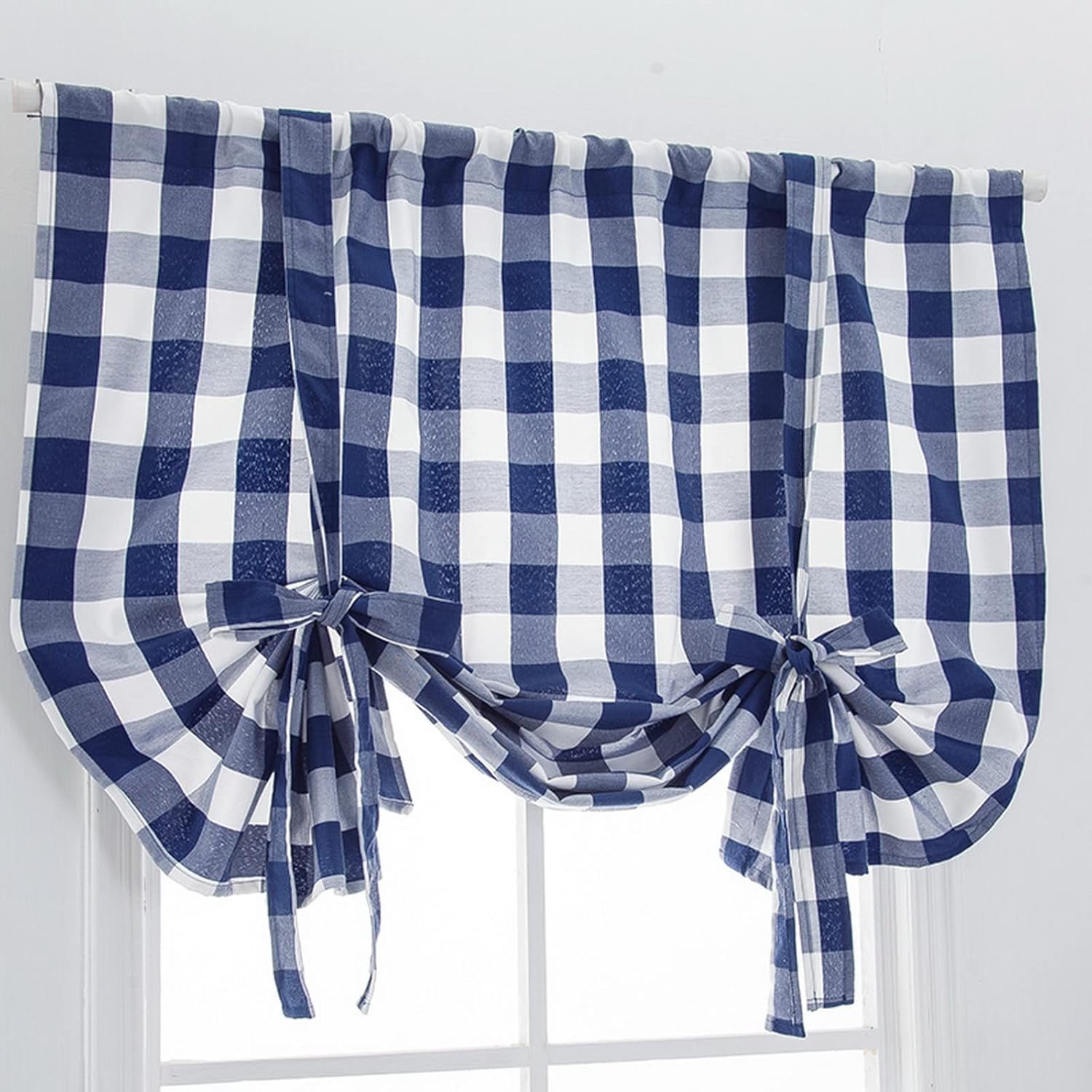 A.Monamour Short Curtain Opaque Cotton Linen Blue Check