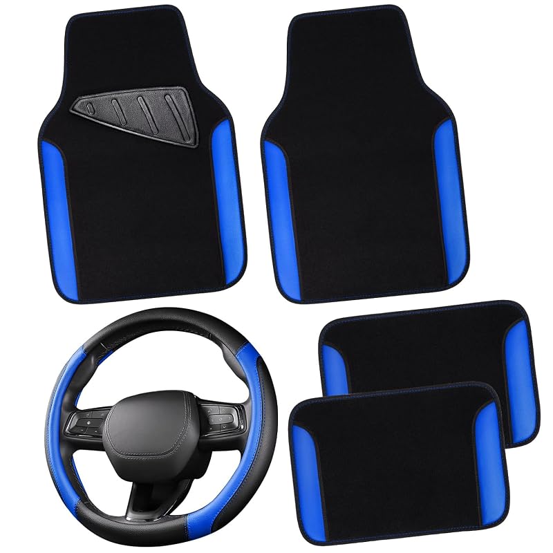 Capa para Volante em Couro Sintético e Tapetes Automotivos CAR PASS, Azul, para Volantes de 36,8–38,1 cm, Kit com 5 Peças