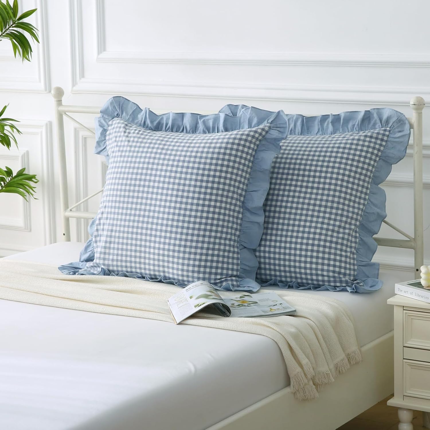 Mywinlle Dusty Blue Plaid Ruffle Throw Pillow Covers for Couch 20"x20",2 Pack Vintage Checkered Washed Cotton Pillow Cases for Bed, Sofa, Living Room
