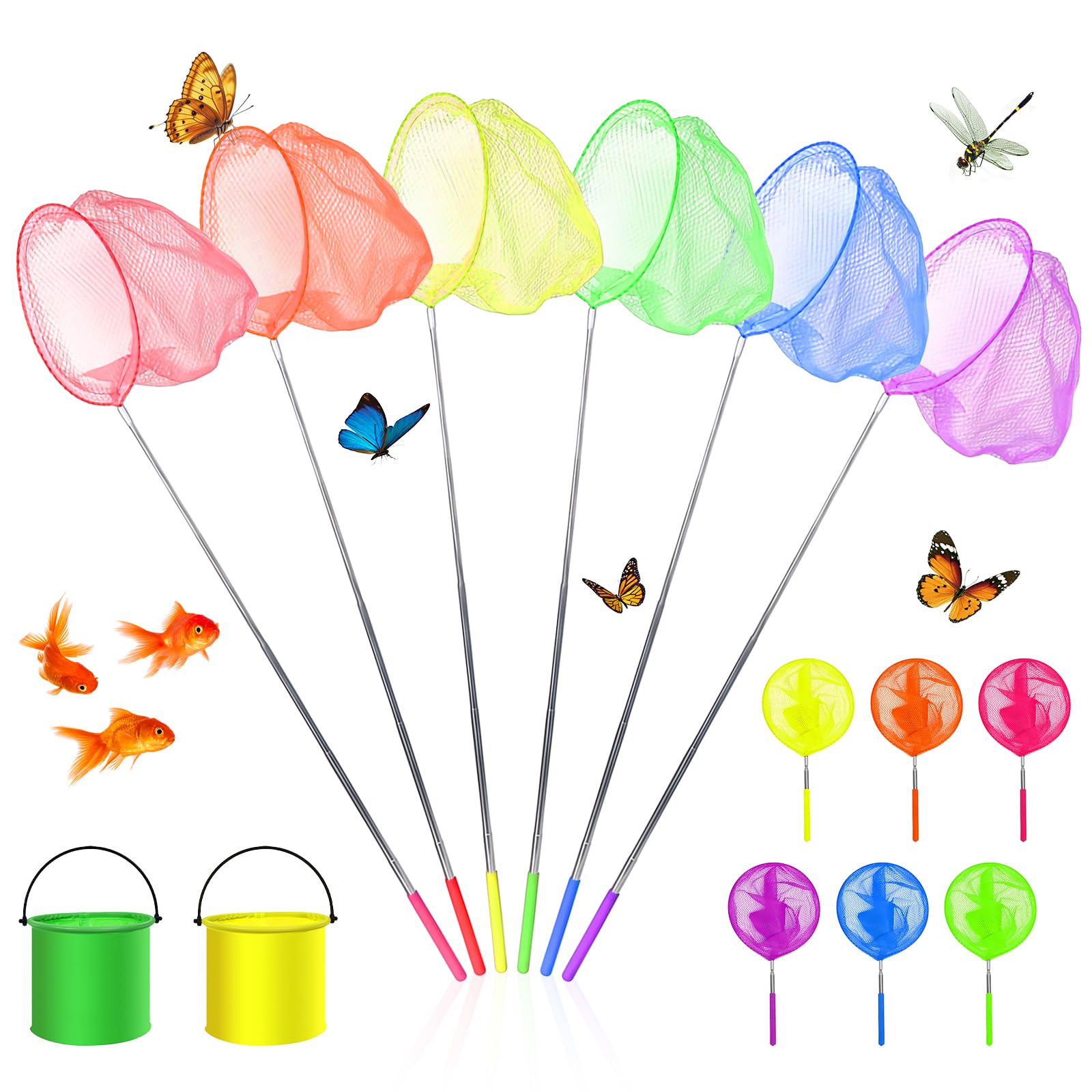 8 Pack Fishing Nets for Kids, 6 Colours Extendable Fishing & Butterfly Nets with 2 Foldable Water Buckets Set, Telescopic Butterfly Net (From 37 to 85cm) for Beach, Pond, Pool, Catching Fish, Crab,
