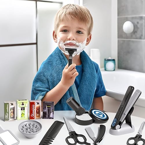 Miniatura 5 de G.C Juego de 52 piezas de peluquería para niños, juego de peluquería para niños, juego de afeitado con secador de pelo, afeitadora, rasuradora,