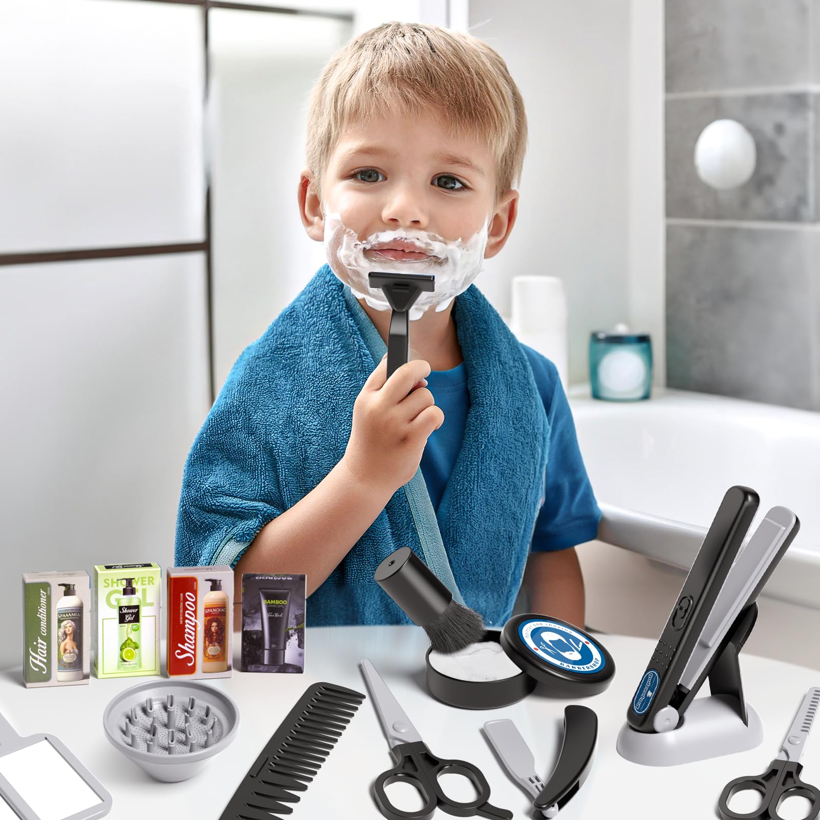 Tacobear Friseur Set Kinder Friseurkoffer Kit mit Haartrockner Elektrischer Rasierer Haarglätter Salon Haarstyling Zubehör Frisör Spielzeug Kinder Rollenspiel Geschenk für Jungen ab 3 4 5 6 7 8 Jahren