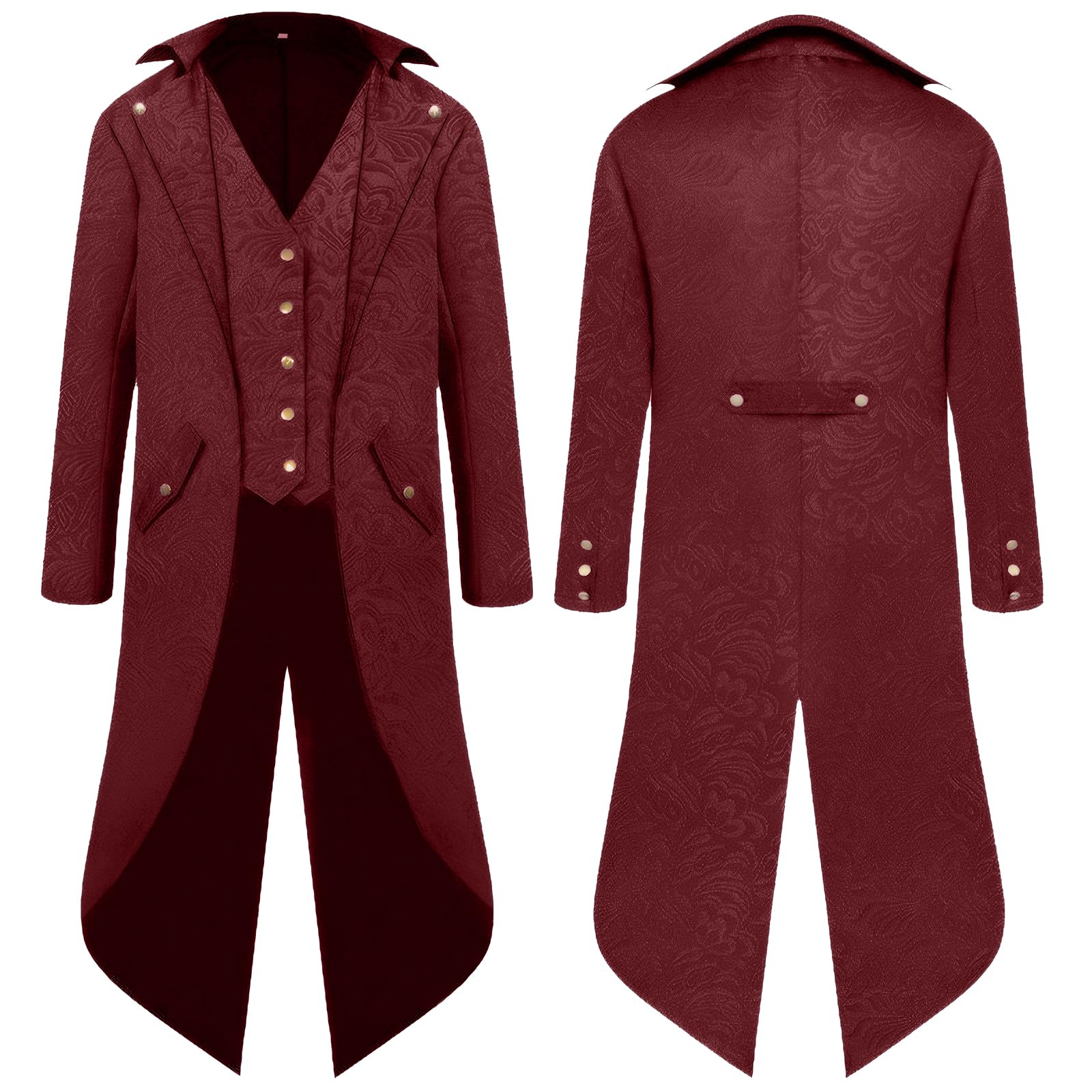 YQVGFBY Steampunk Coat Tailcoat Men,Medieval Clothes Wizard Costume Pirate Coat Men,Halloween Renaissance Pirate Vampire Party Cosplay Costumes for Adults (Wine Red, XL)