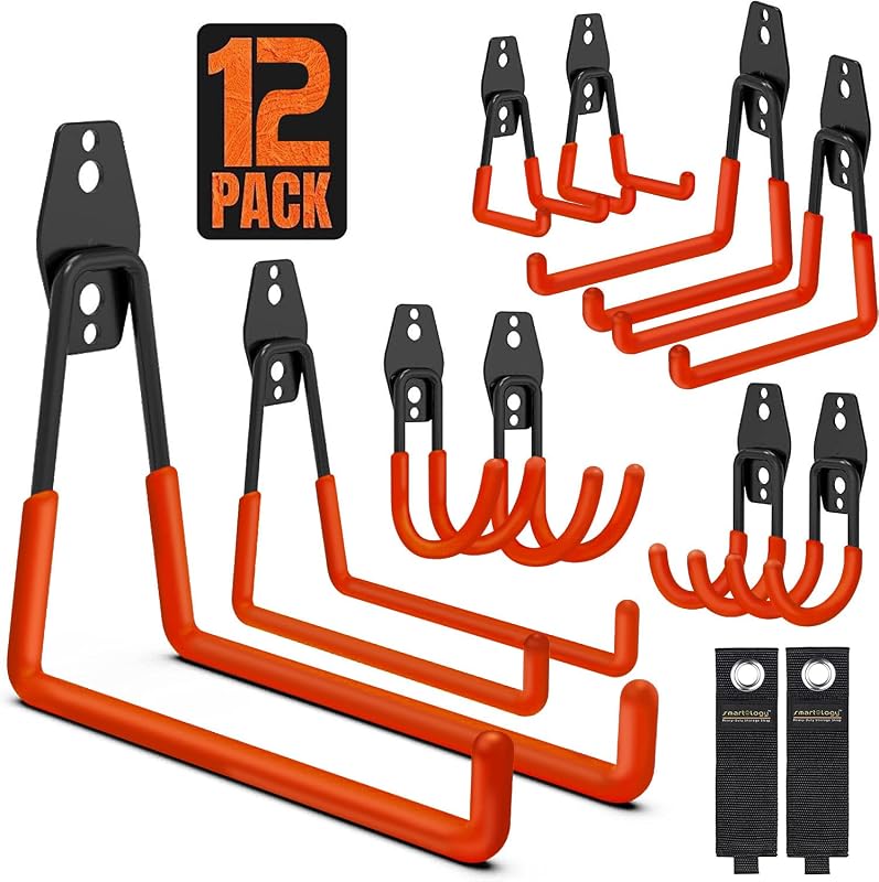 Garage Hooks, 12 Pack Wall Storage Hanger with 2 Extension Cord Straps, Heavy Duty Tool Holder for Utilities Organization, Wall Mount Rack for Garden Lawn Tools, Ladders, Bike, Ski (Orange)
