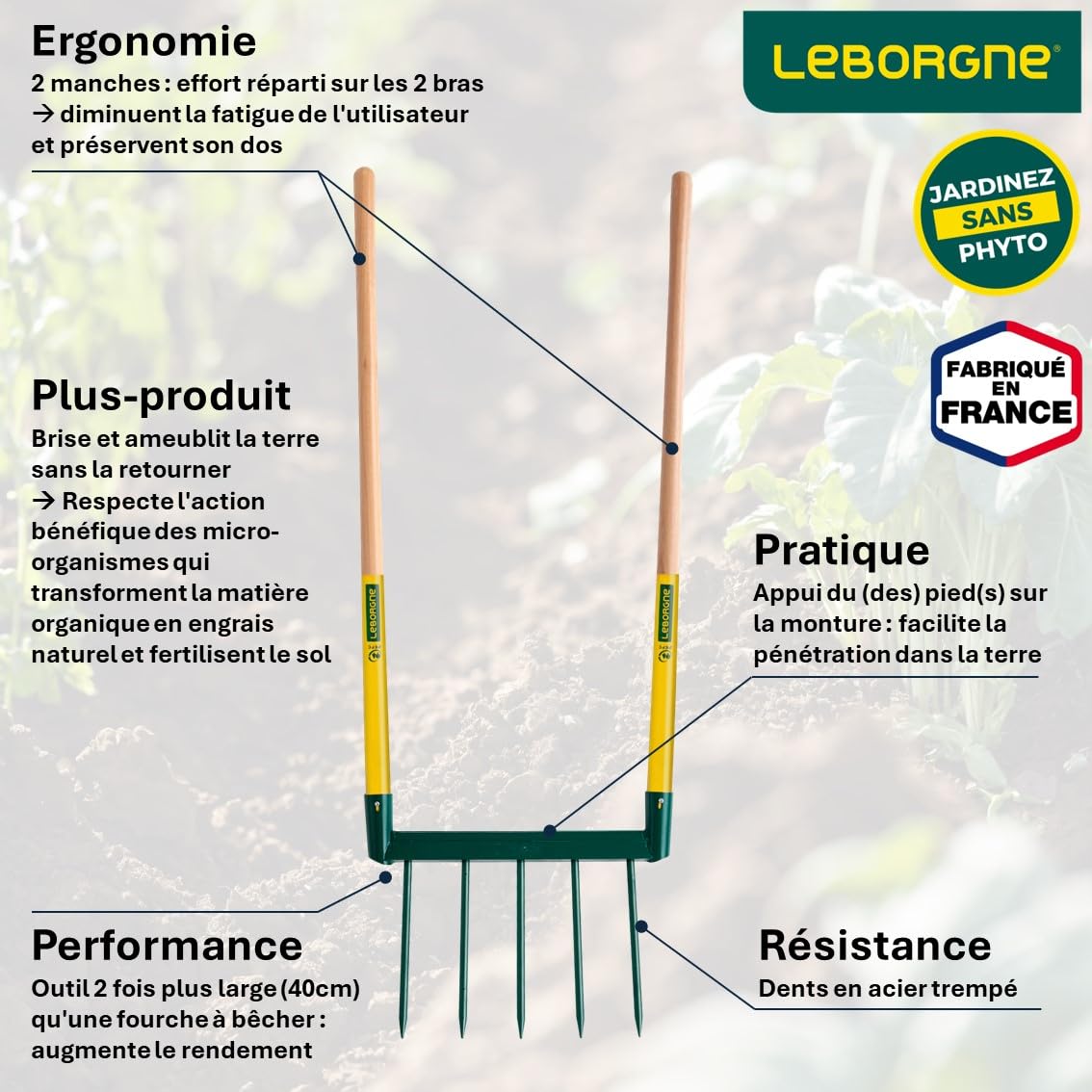 Leborgne, Biogrif Grelinette 5 Denti saldati Naturovert Strumento da Giardinaggio in Acciaio temprato e Legno, Modello 320321, Lunghezza 40 cm, Ideale per lavori di Suolo e Giardinaggio Ecologico