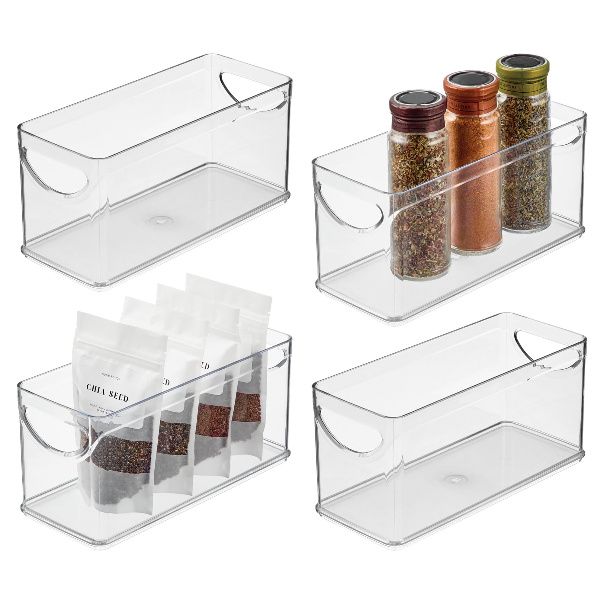 InterDesign iDesign - Set di 4 contenitori portaoggetti stretti con manici, per armadietti o frigoriferi, colore: trasparente